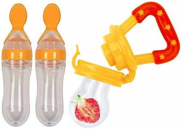 Squeezy Food Grade Silicone Bottle Feeder & Silicone Food Fruit Pacifier/Nibbler/Soother for Babies/Kids/Children (Squeezy Feeder 'YELLOW+ Pacifier 'Yellow') (Pack of 3) - Silicone - SILICONE (Yellow ) Buy 2 Spoon feeder Get 1 Fruit feeder Free - SILICONE ( Yellow)- SILICONE-image-37