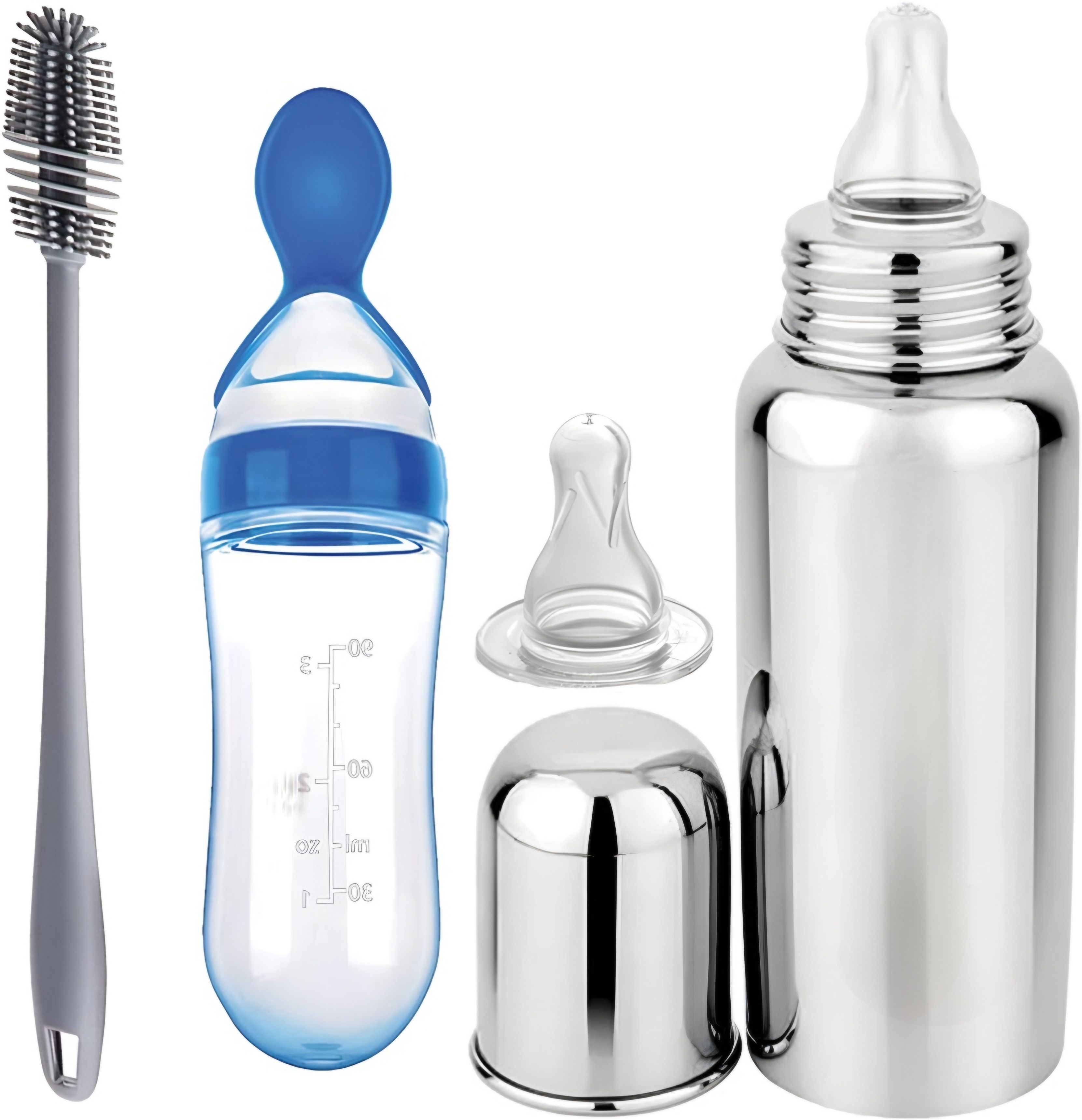 Baby Steel Milk Bottle, Spoon Bottle & Cleaning Brush Combo for Newborns - Stainless steel-image-17