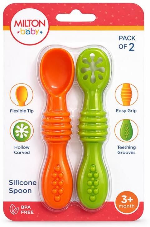 Silicone Pre Spoon Set Of 2 for First Stage Self Feeding BPA Free Green & Orange - Silicone-image-16