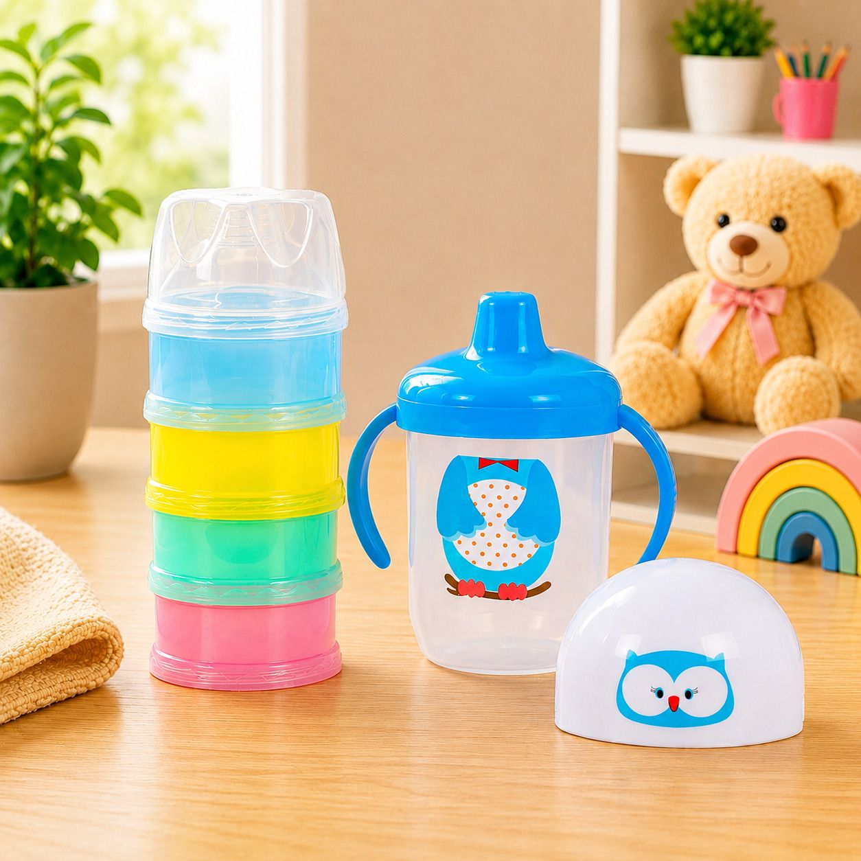 Duck Bill Hard Spout Sipper with Twin Blue Baby Milk Powder Container(4 Steps) - Food Grade Plastic-image-1