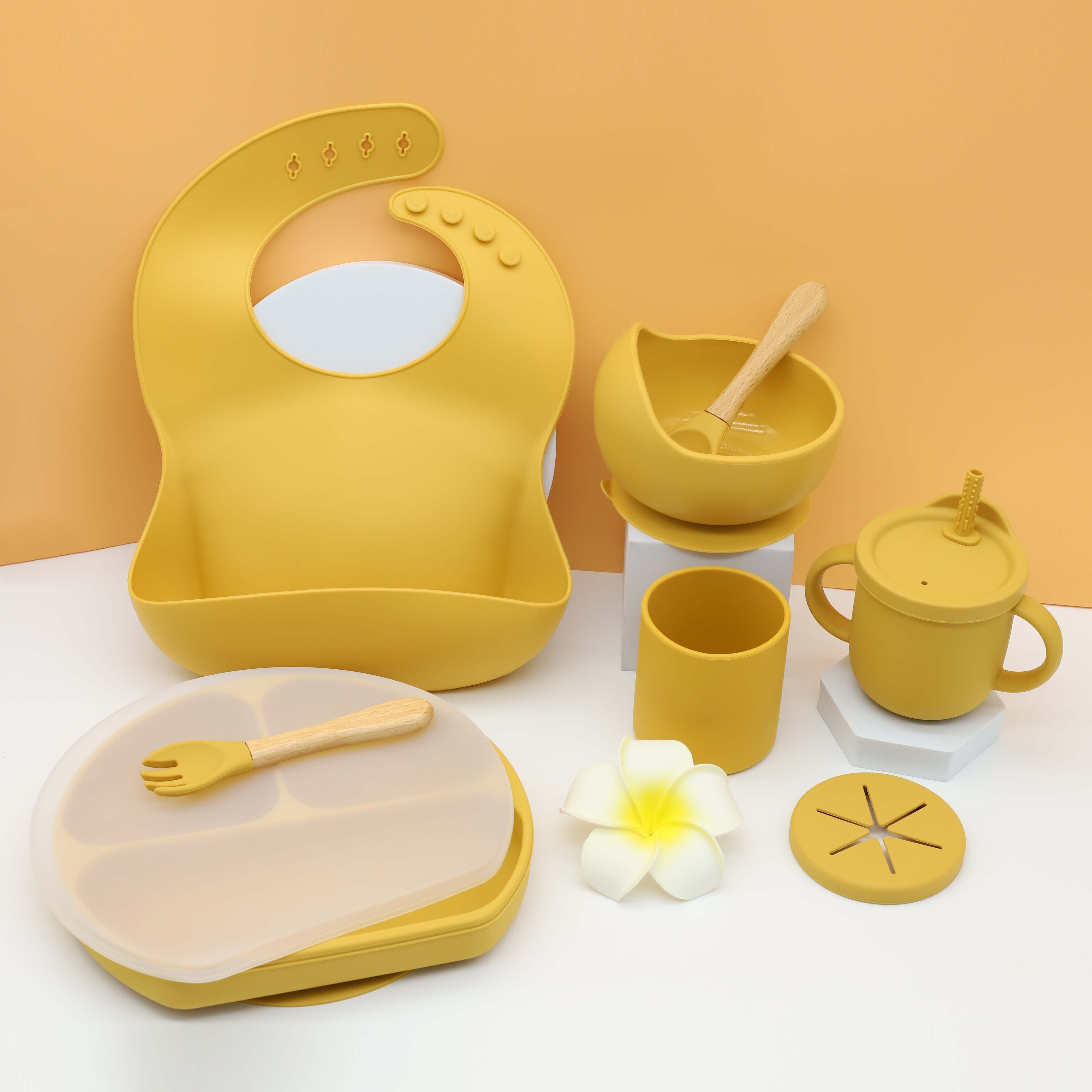 Baby feeding Set For Kids-Yellow- Led Weaning - Food Set for Kids Suction Plate, Bowl Spoon, Bib,Sipper, Silicone-image-17