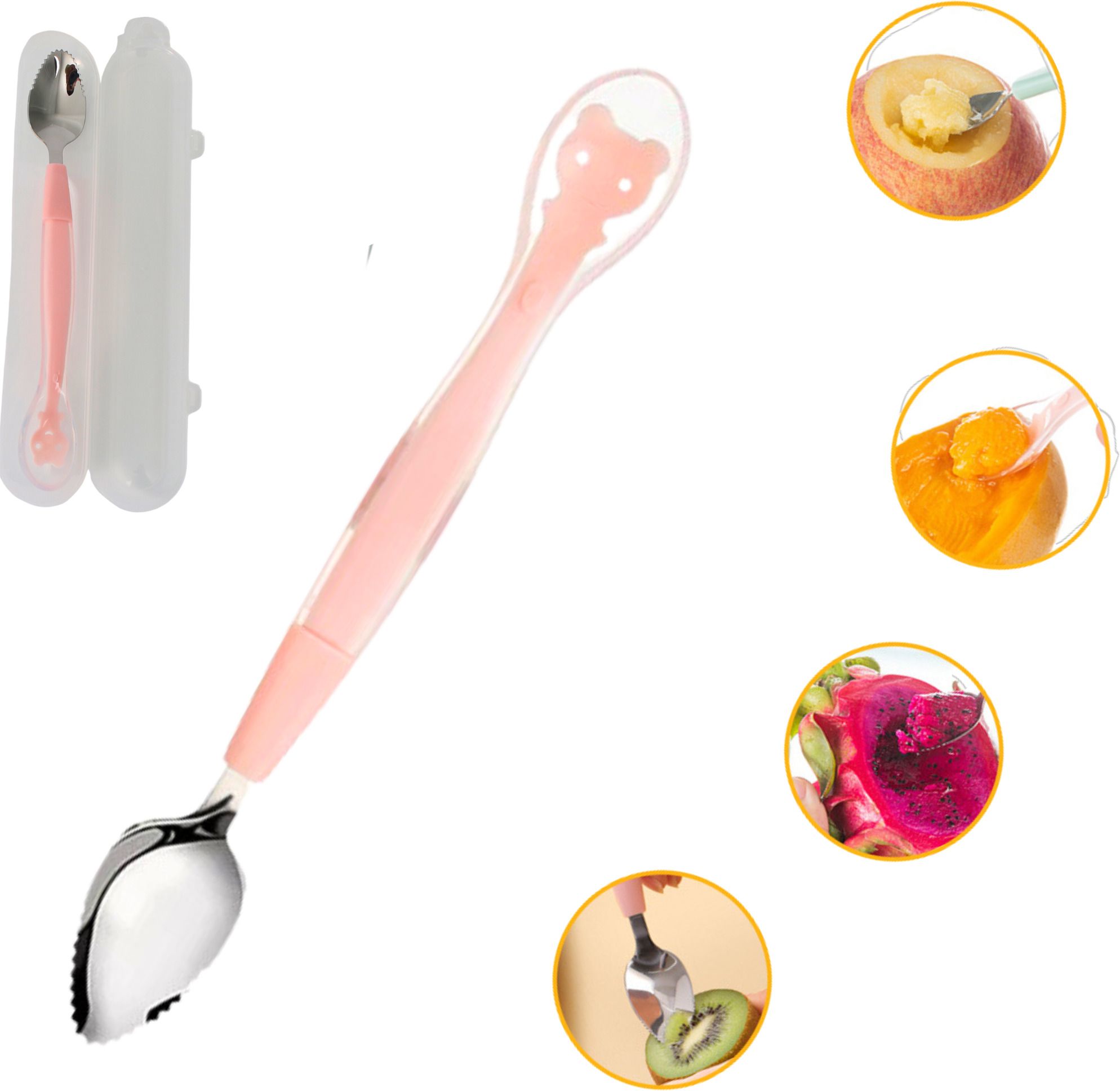 Double Head 2 in 1 Silicone Baby Spoon & Stainless Steel Fruit Scraper Spoon - Spoon head is 100 % Silicone - Food Grade, BPA Free Plastic Body-image-8