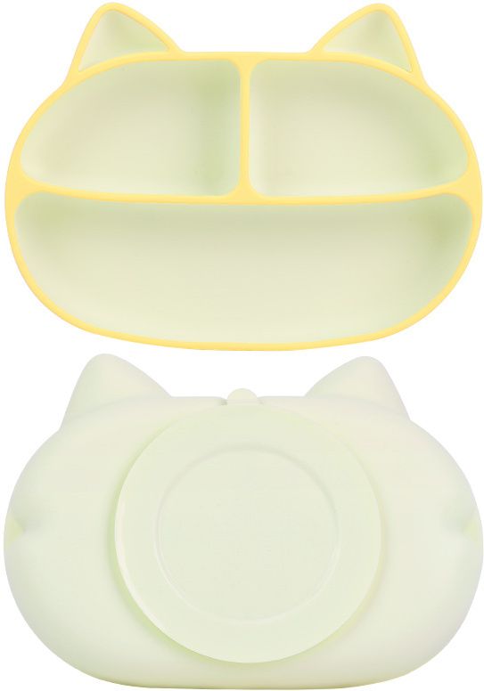 NON-SLIP BABY SILICON PLATE WITH LID AND STRAW (CAT SHAPE) - Food Grade Silicone