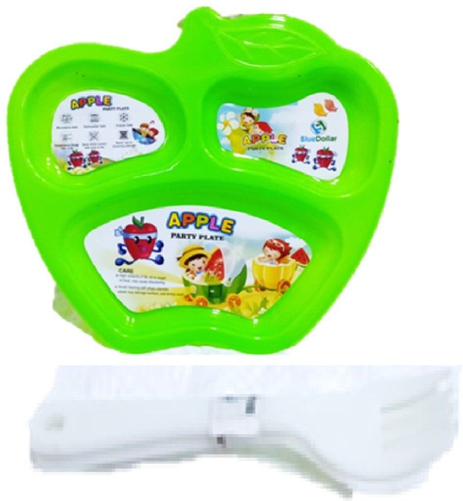 3PCS LIGHT GREEN COLOUR apple Shaped Lunch/Dinner Plates With Spoon & Fork- PLASTIC-image-2