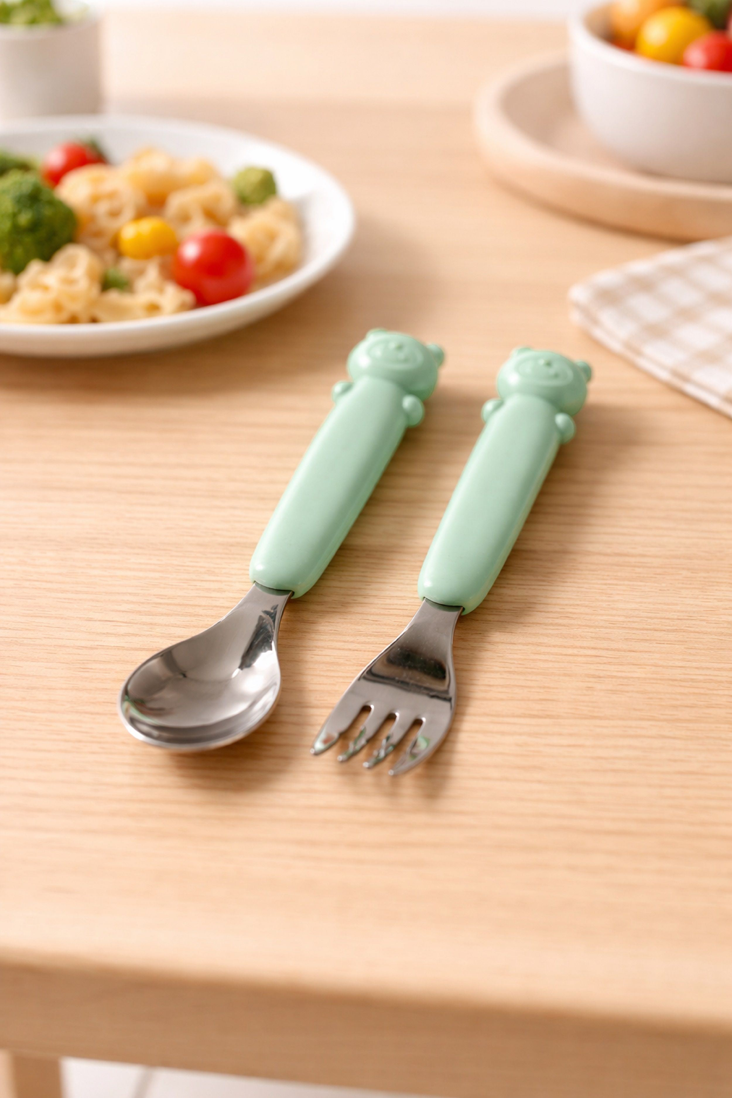 Baby Stainless Steel and Soft Bear Handle Spoon Fork Set for 6+ Months BPA Free - Soft Silicone, Stainless Steel-image-17