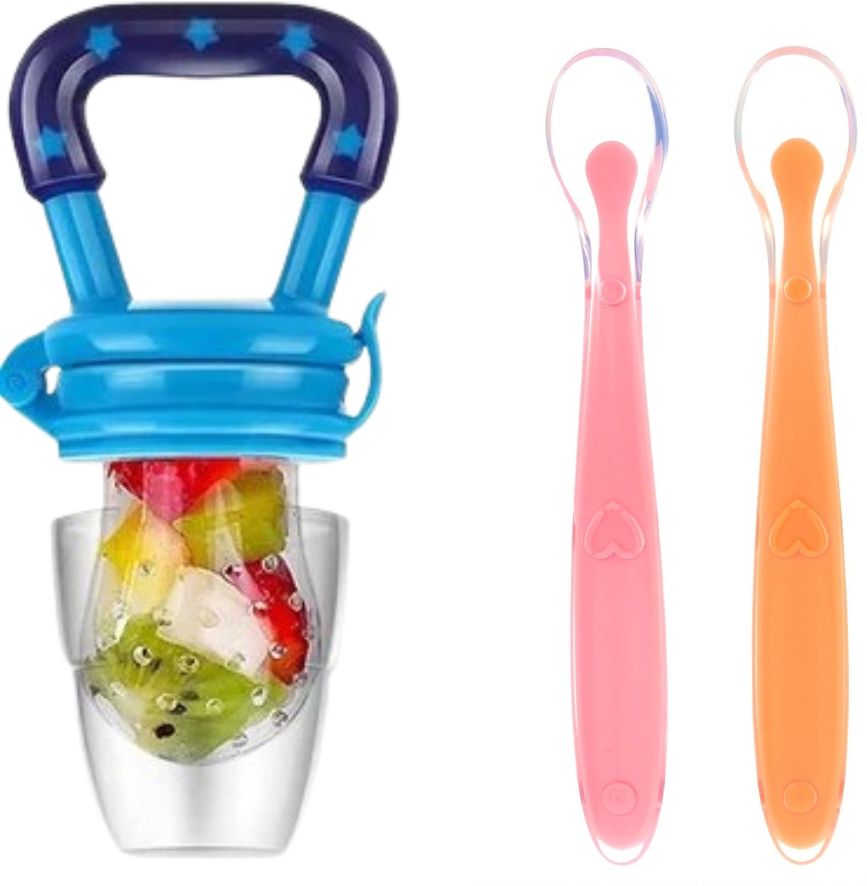 2pcs Baby Feeding Spoons & Teether for Kids Fruit Food Feeder (Combo Pack of 3)- 100% Silicone Tip, BPA Free material with Food Grade Silicone tip