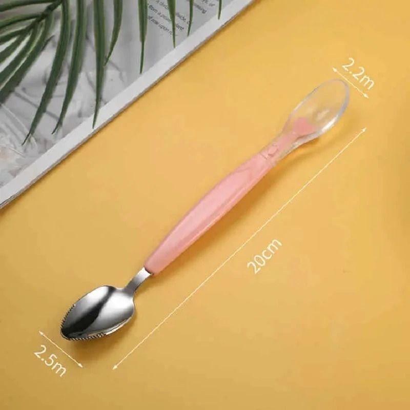 Head Fruit Scraping & Soft Tip Feeding Spoon for Toddlers Silicone, Steel- Silicone, Stainless Steel-image-3