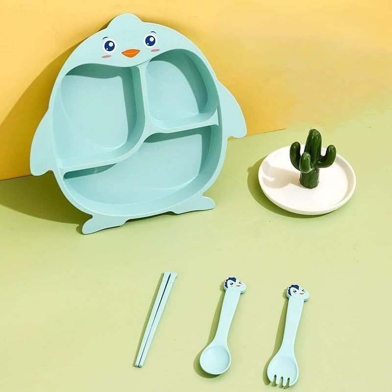 Cartoon Divided Plastic Plate Set for Kids with Spoon, Fork & Chopsticks - Plastic-image-35