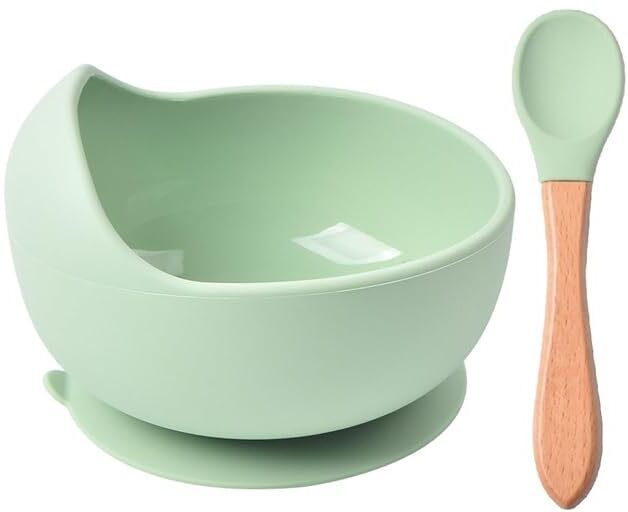 Silicone Baby Feeding Bowl with Wooden Spoon | BPA Free, Suction Base, 350 ml - silicone