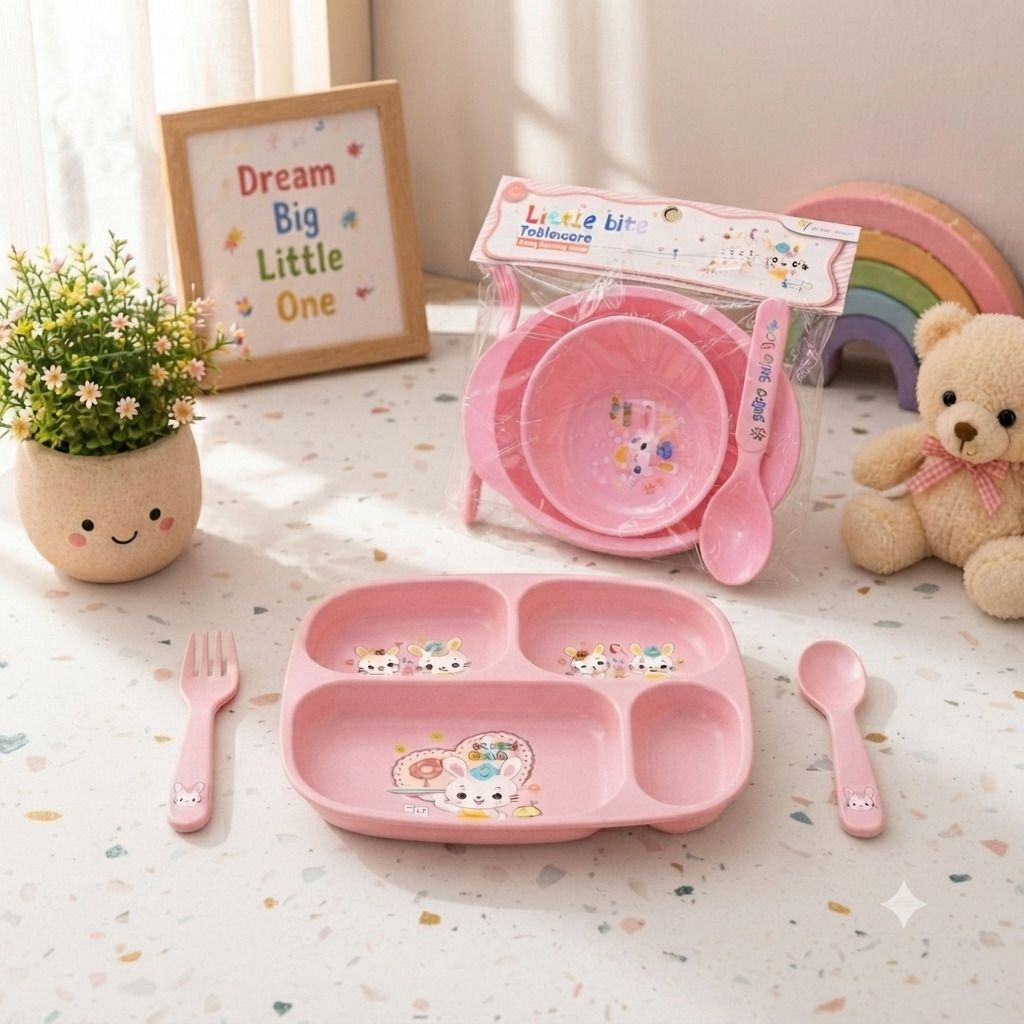 Kids Bamboo Fiber Feeding Set – Pink Cartoon Dinnerware - Plastic-image-17