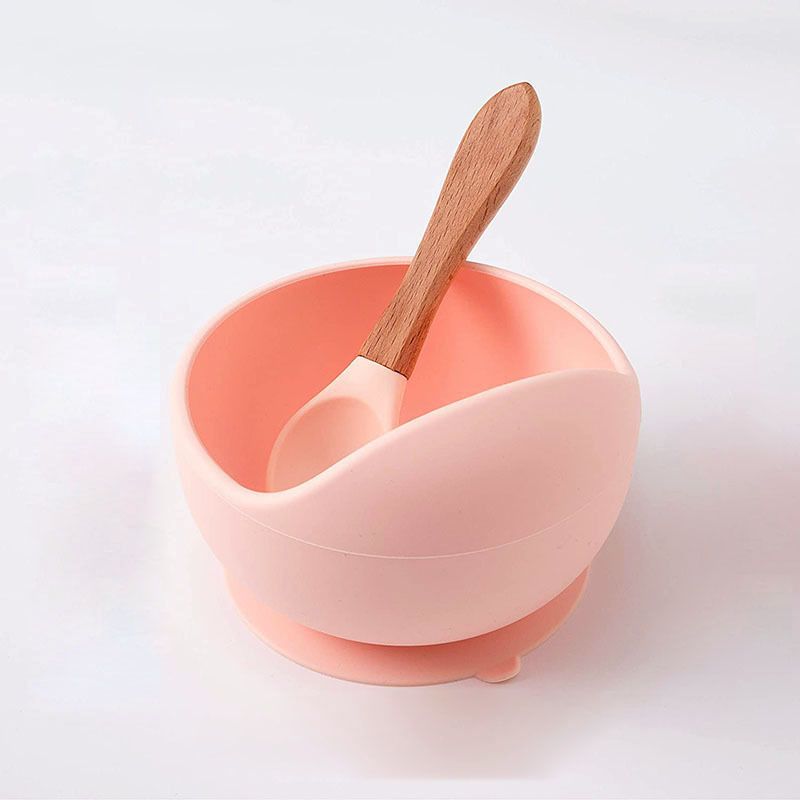 Baby Feeding Bowl and Spoon Set, Silicone Suction Base and Wooden Spoon - Silicone