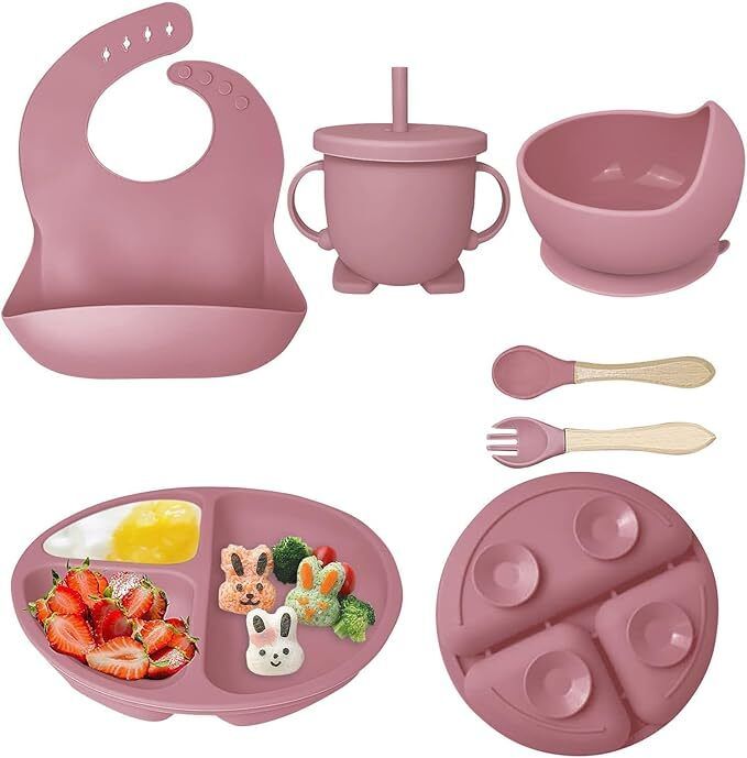 6 Pcs Baby Silicone Feeding Set Suction Plate Bowl Cup Spoon BPA Free - Silicone-image-48