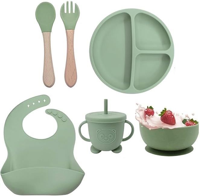 Silicone Baby Kids Feeding Set Suction Plate & Bowl, Bib, Cup, Fork & Spoon Set - Silicone-image-36