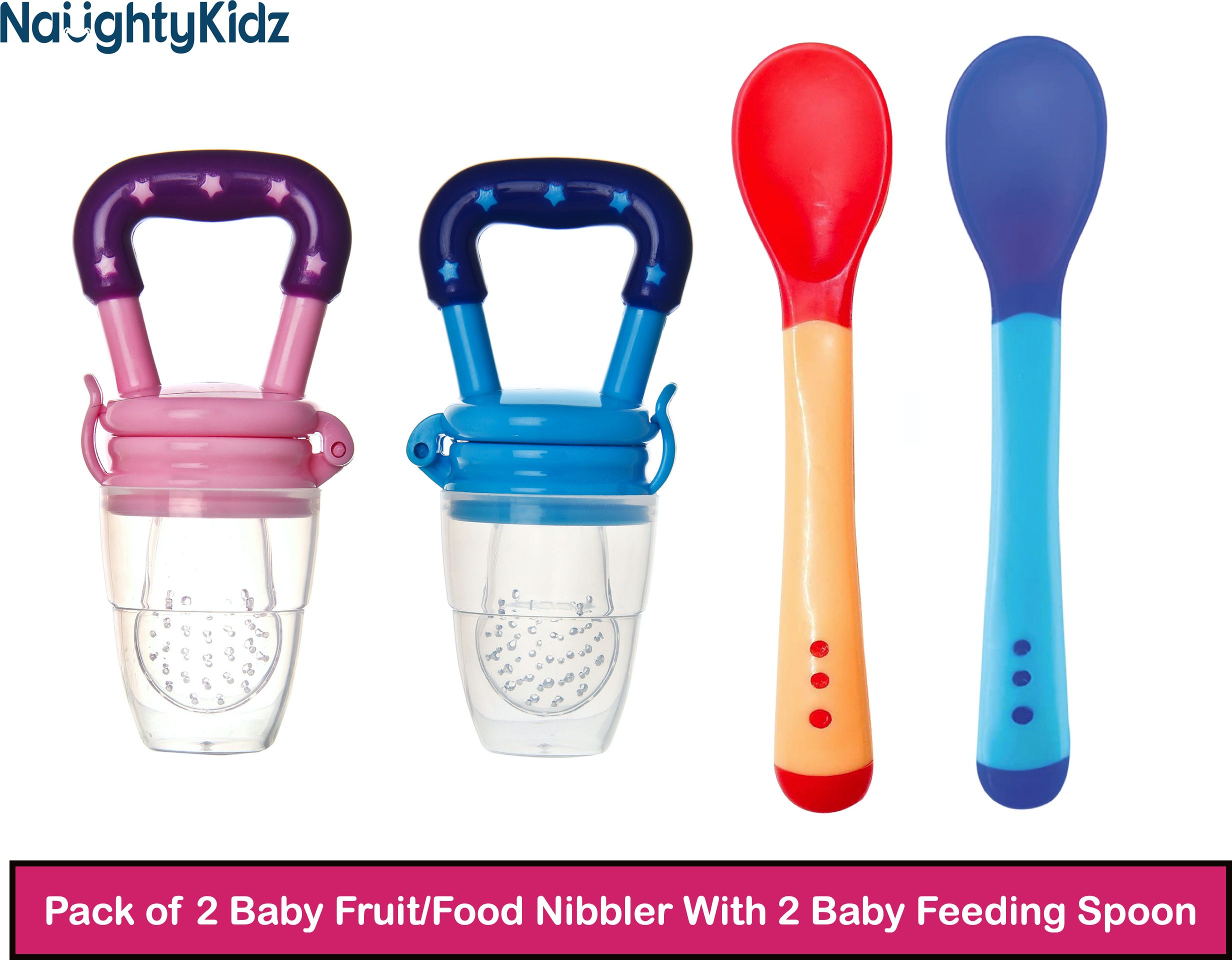 naughty kidz Combo of 2 Baby Feeding Spoon with 2 Baby Food/Fruit Nibbler For Baby, Infant - Bpa Free, 3 Month+, Silicone-picture-17