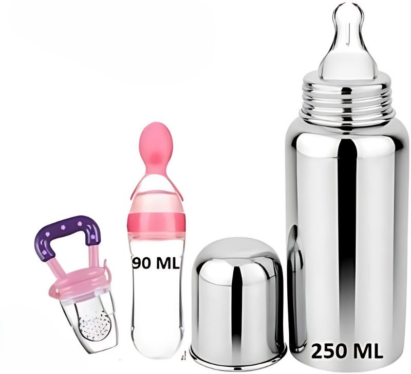Baby Milk or Water Feeding Stainless Steel Bottle240ML & Spoon 90ML Fruit Feeder - Stainless steel, Silicone-image-0