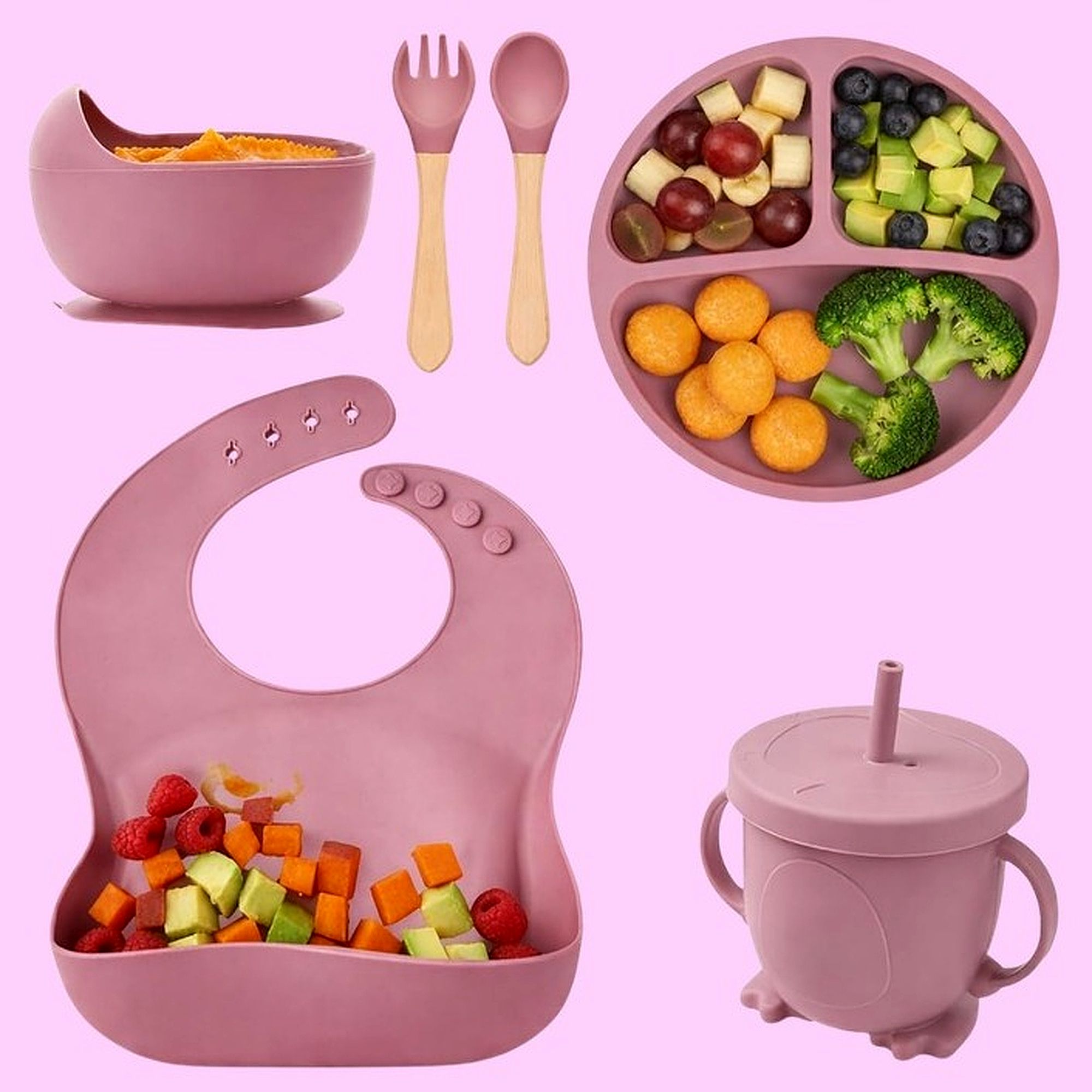 Toddler Feeding Kit – 6PCS Silicone Dishware, BPA-Free- Silicone (Pink) - Silicone-image-30