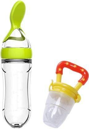 Squeezy Food Grade Silicone Bottle Feeder & Silicone Food Fruit Pacifier/Nibbler/Soother for Babies/Kids/Children (Squeezy Feeder 'Green'' + Pacifier 'Yellow') (Pack of 2) - Silicone- SILICONE-image-2