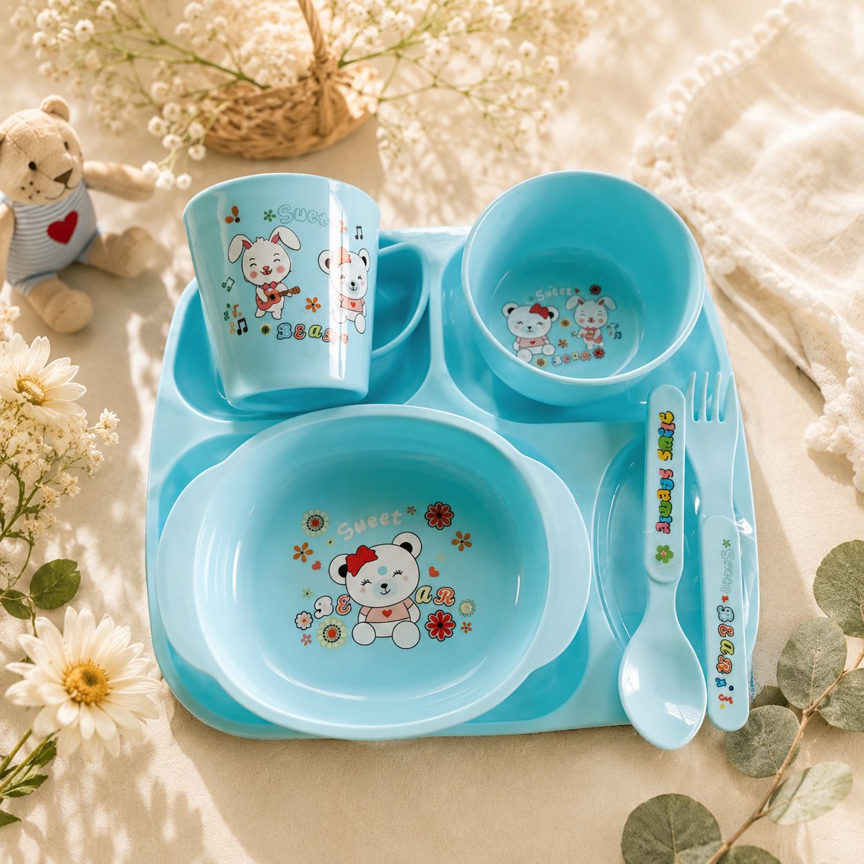 Cute Cartoon Bear & Bunny Kids Dinnerware Set - PLASTIC-image-5