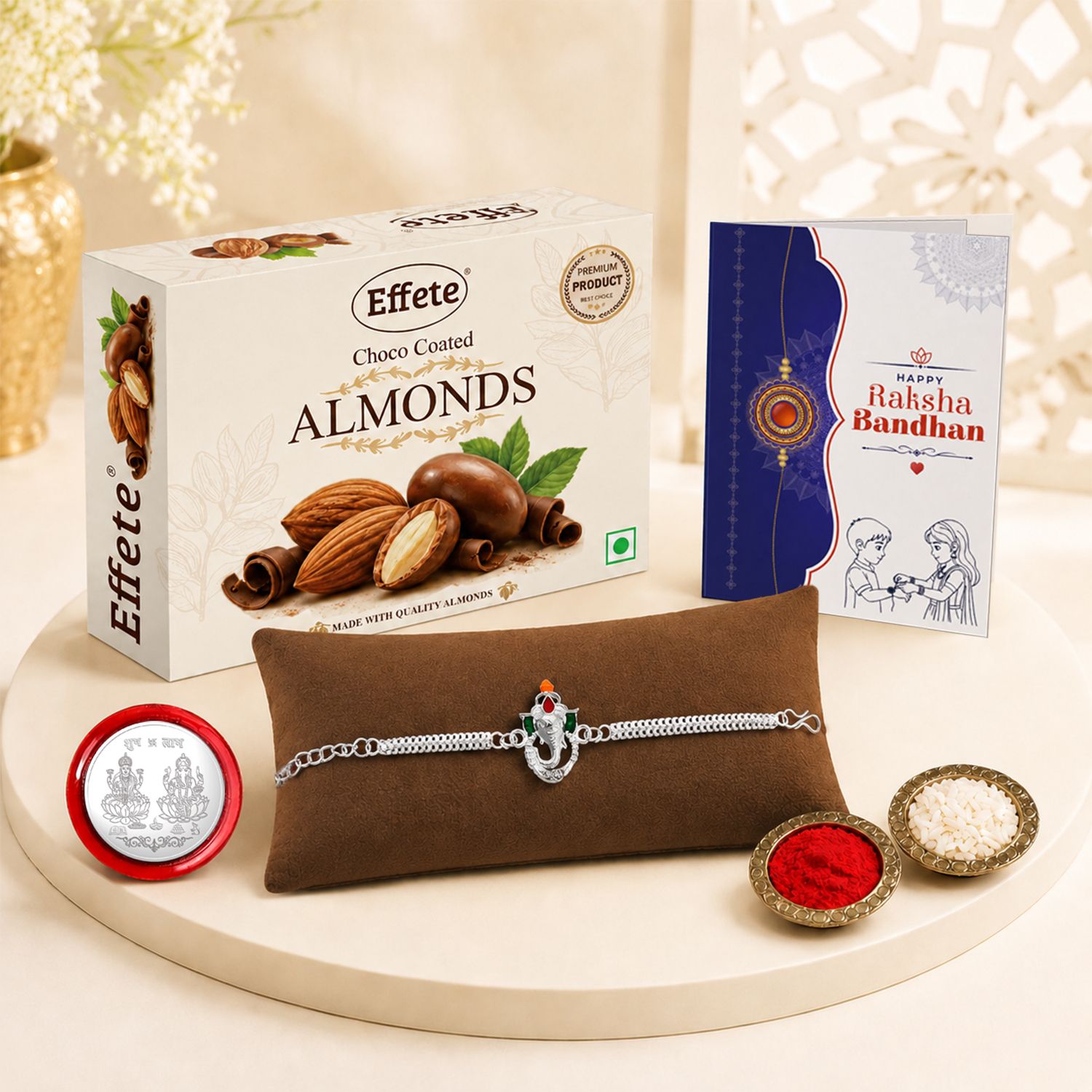 Rakhi gift for brother with Chocolate Almond(32-GM)|Rakhi Set|K1_A25_CA32 Assorted Gift Box-image-48