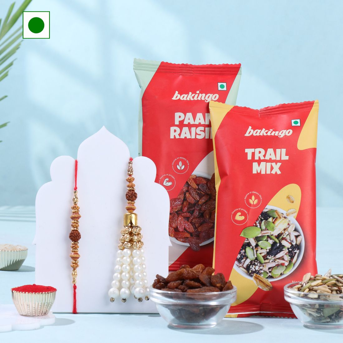 floweraura Divine Rudraksha Bhaiya Bhabhi Rakhi With Trail Mix Paan Raisin & Roli Chawal Paper Gift Box-picture-17