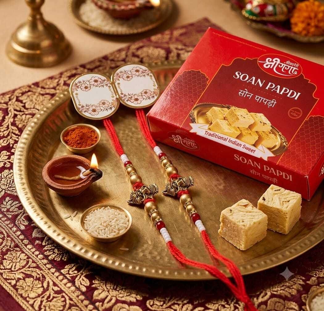 2 Ganesh Ji Rakhi Gift Box With 200g Soan Papdi Cotton Gift Box-image-43