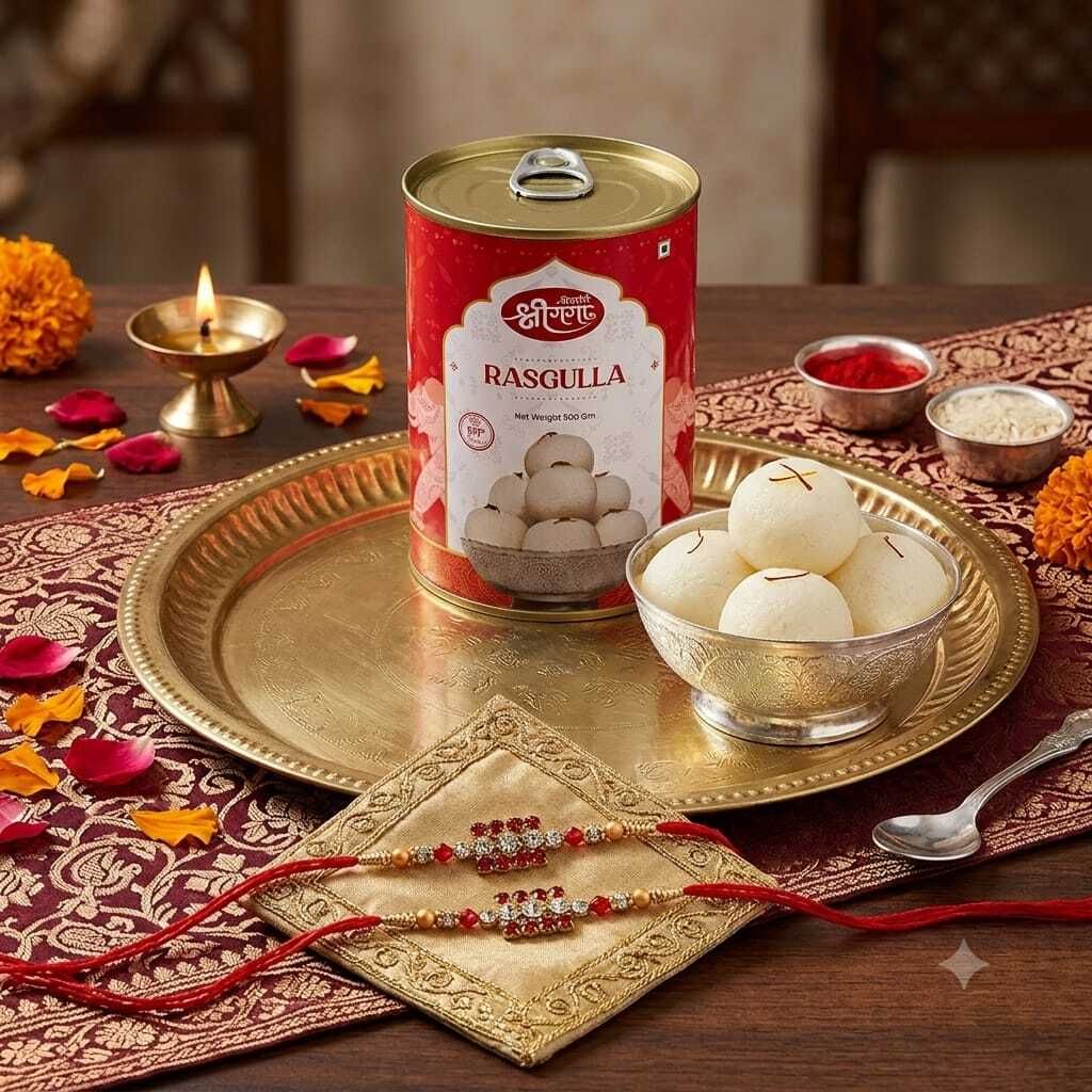 bikaneri shree ganga Rasgulla Can (500g) with Set of 2 Sparkling Red & Crystal Stone Designer Rakhis Assorted Gift Box-picture-18
