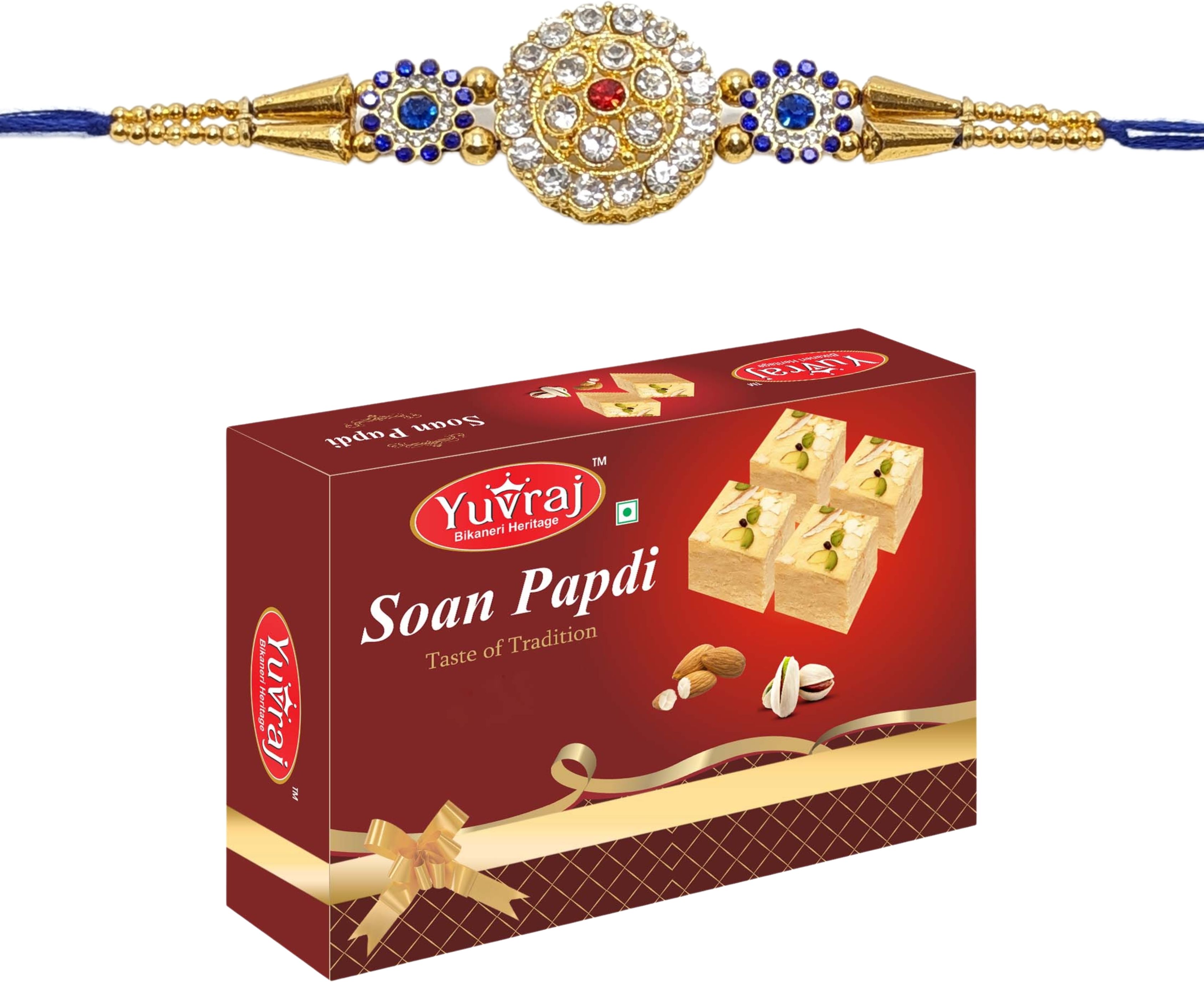 yuvraj food product metal gold rakhi set for bhaiya with 400 gm soan papdi pack Assorted Gift Box-picture-16