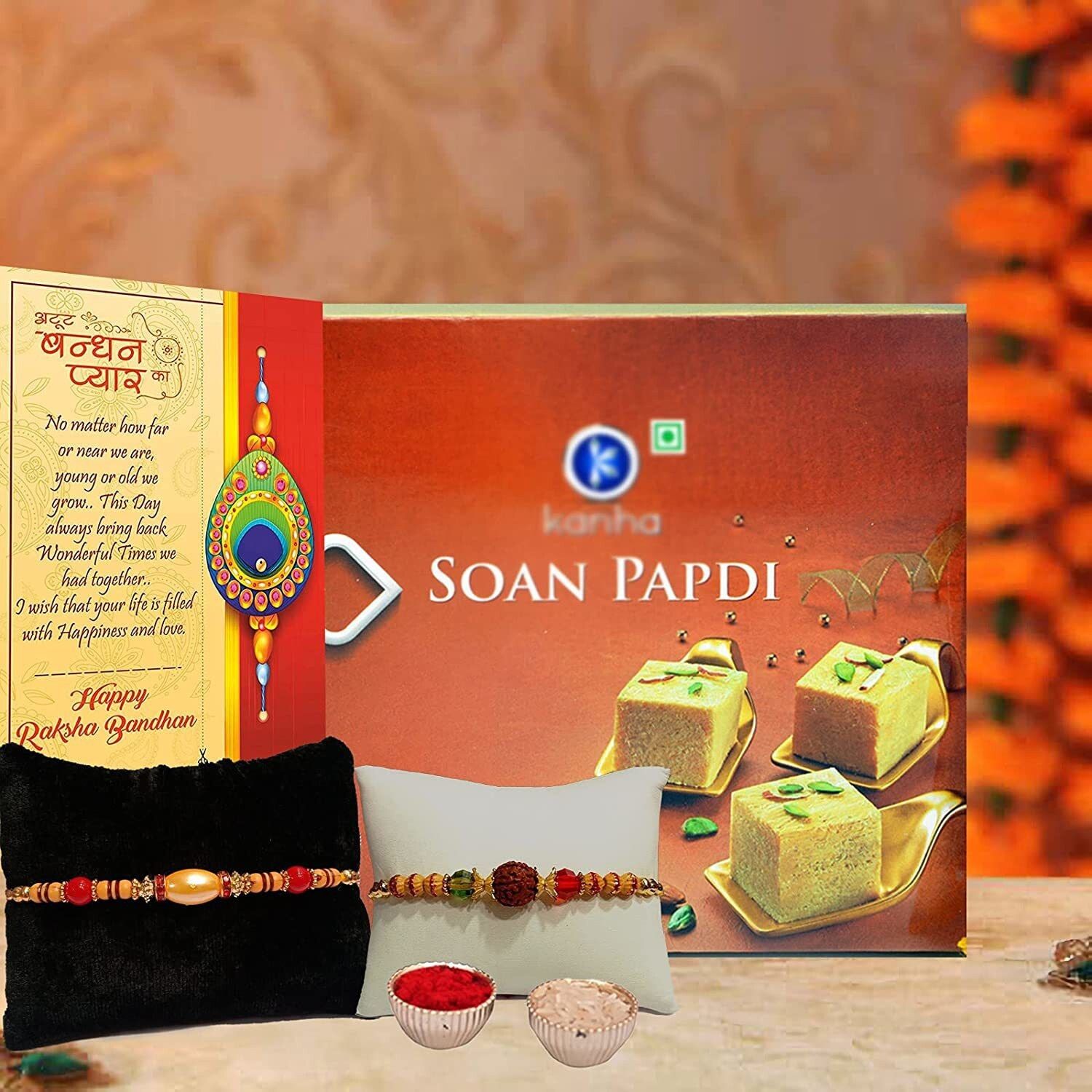 flipkart smartbuy Desginer Rudraksh Rakhi set of 2 for brother with Soanpapdi gift box Assorted Gift Box-picture-26
