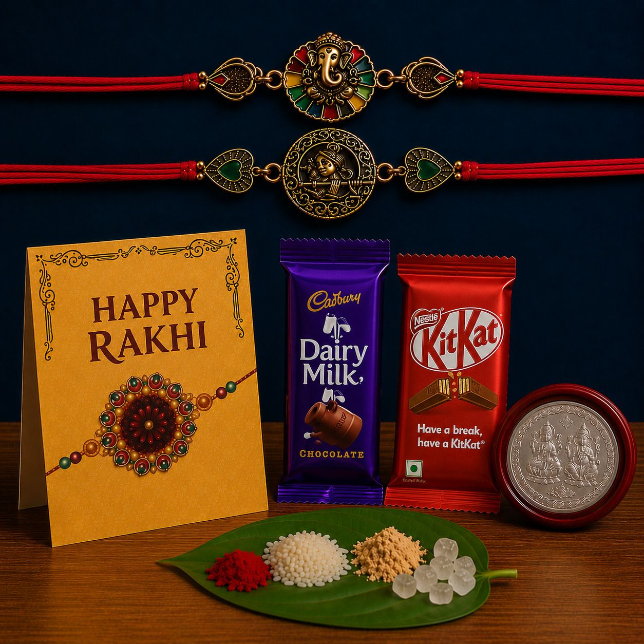 Designer Rakhi Combo for Brother with Chocolates, Greeting Card, Chawal Roli Assorted Gift Box-image-11