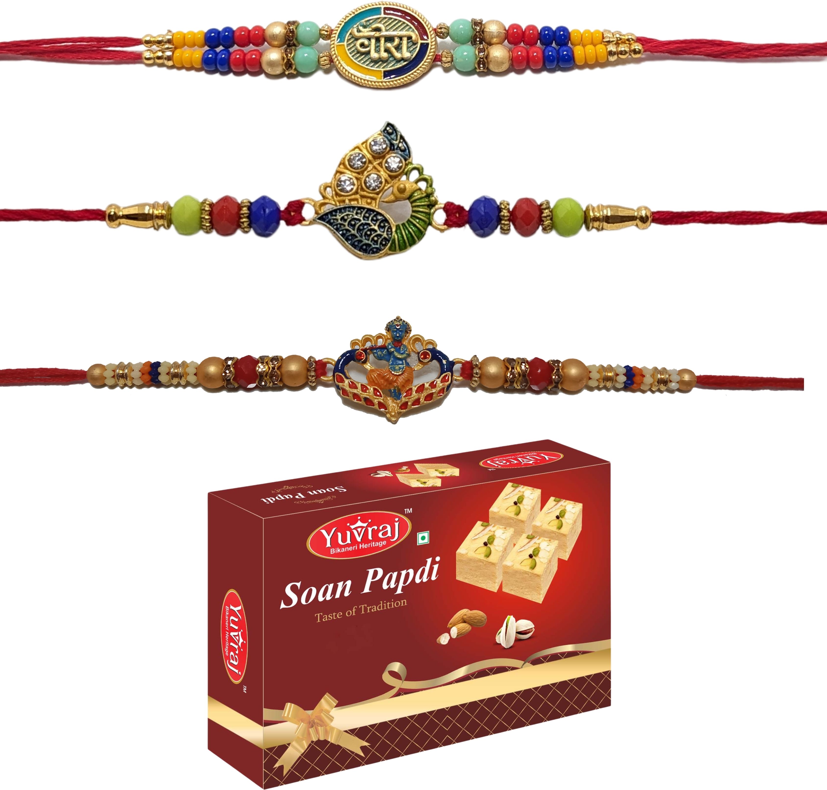 Rakhi set of 3 brother & sweets soan papdi 200 gm pack Assorted Gift Box-image-18