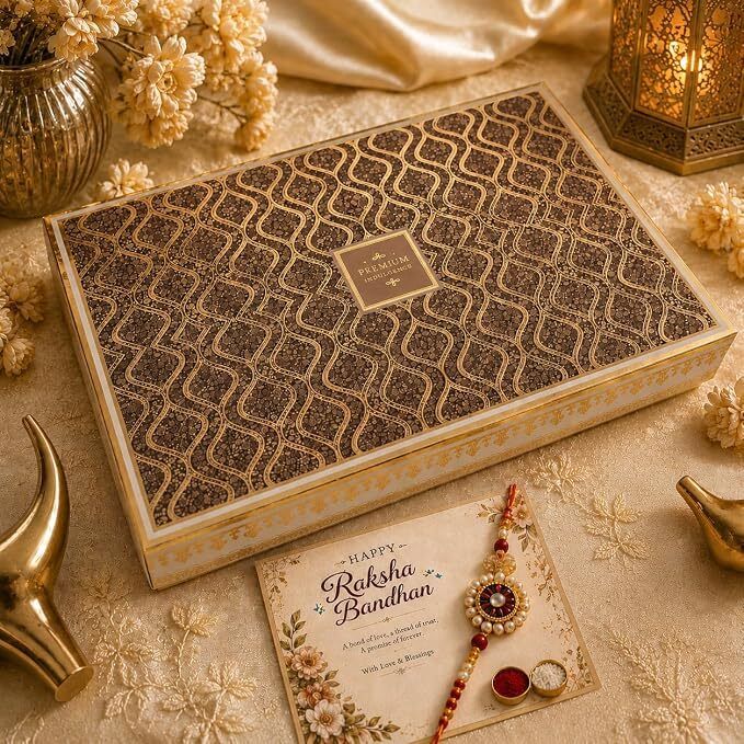 White Rakhi Gift Hamper with Dry Fruits, 2 Bhaiya Rakhis & Greeting Card Paper Gift Box-image-42