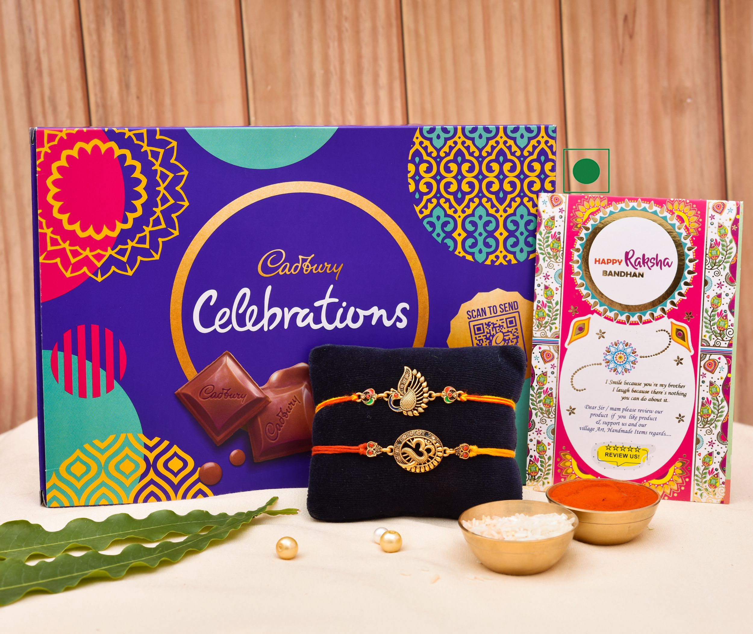 Sweet Cadbury Celebrations Pack with Peacock-OM Rakhis, Roli-Chawal & Rakhi Card Paper Gift Box-image-49