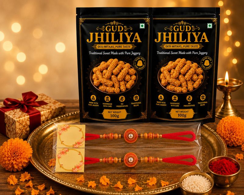 Rakhi Festive Gift Box for Everyone,200gm Gud Jhiliya with 2pc Rakhi Assorted Gift Box-image-10