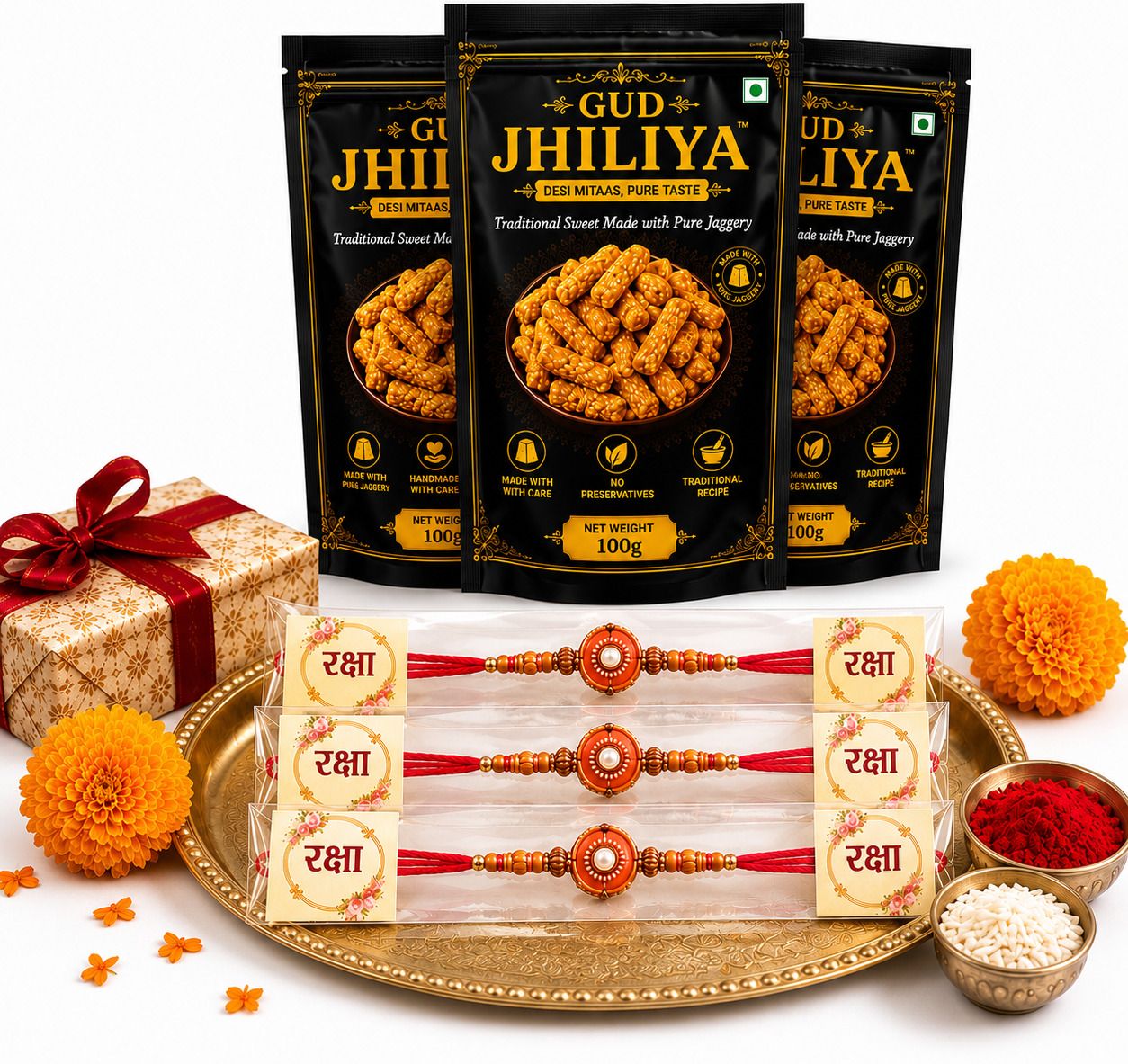 Rakhi Festive Gift Box for Everyone,300gm Gud Jhiliya with 3pc Rakhi Assorted Gift Box-image-0