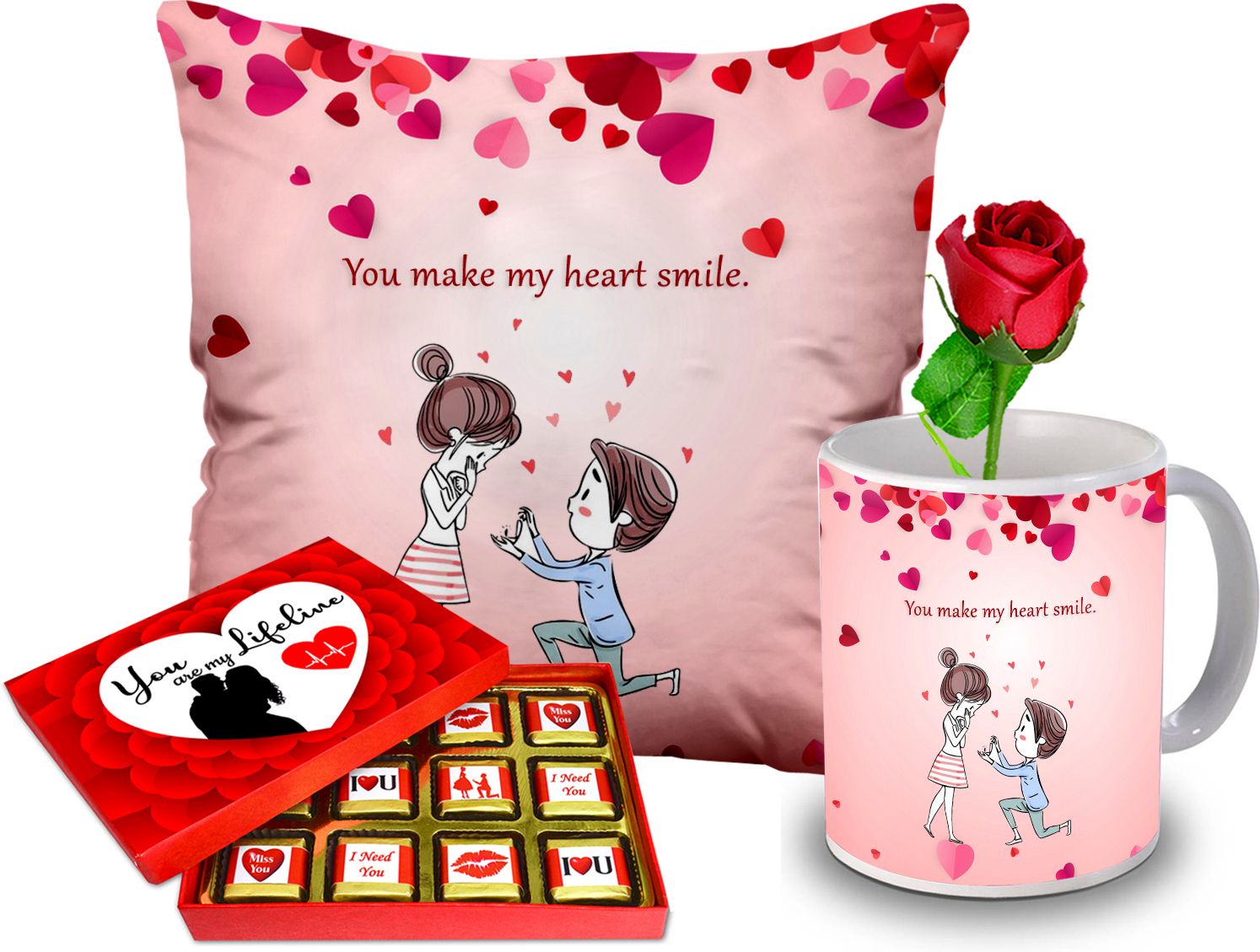 Romantic Gift Hamper (Chocolate, Mug, Cushion, Rose) Ceramic, Microfibre Gift Box-image-5