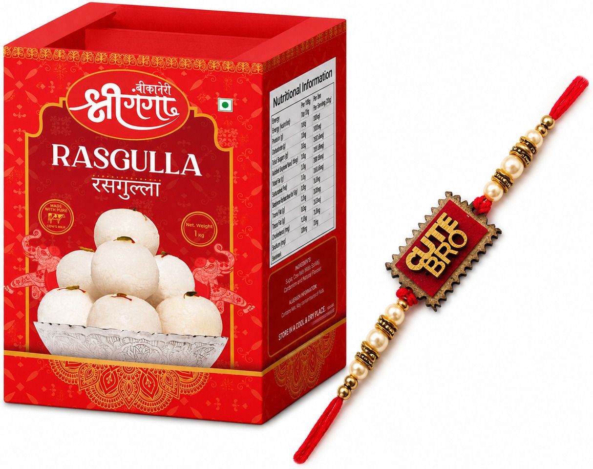 Rasgulla Box(1 kg)Red Felt "CUTE BRO" Gold Lettering Pearl Beaded Designer Rakhi Assorted Gift Box-image-3