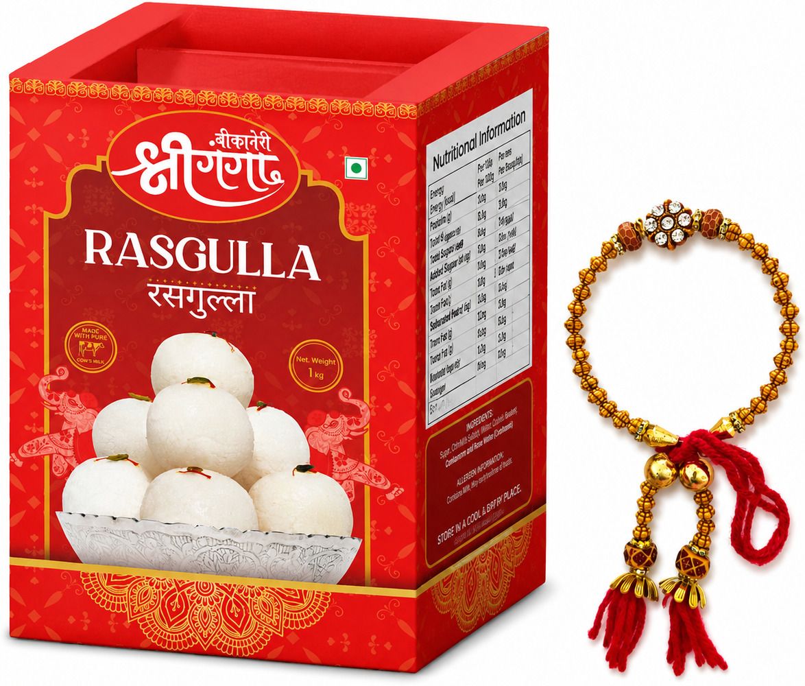 Rasgulla Box(1 kg)with Floral Crystal Rudraksha & Gold Mesh Kangan Rakhi / Lumba Assorted Gift Box-image-15