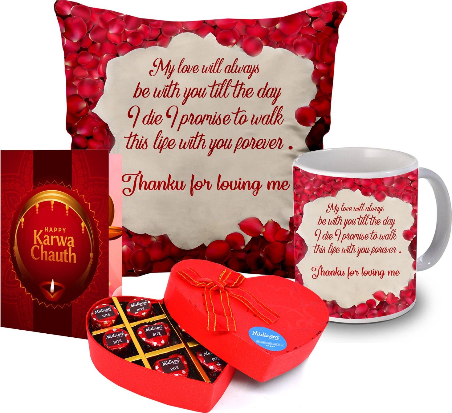 Happy Karwa Chauth Printed Mug, Cushion with Card, Chocolate Box Combo Gift Pack Ceramic Gift Box-image-38