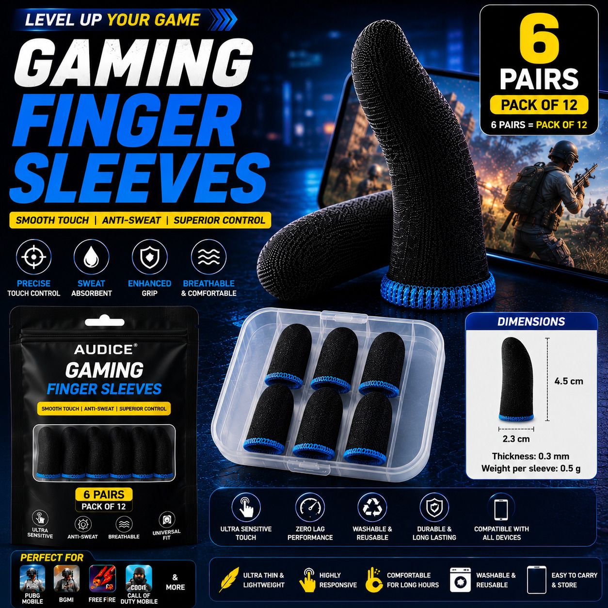 thumb gloves for mobile gaming blue color 06 pairs finger sleeve