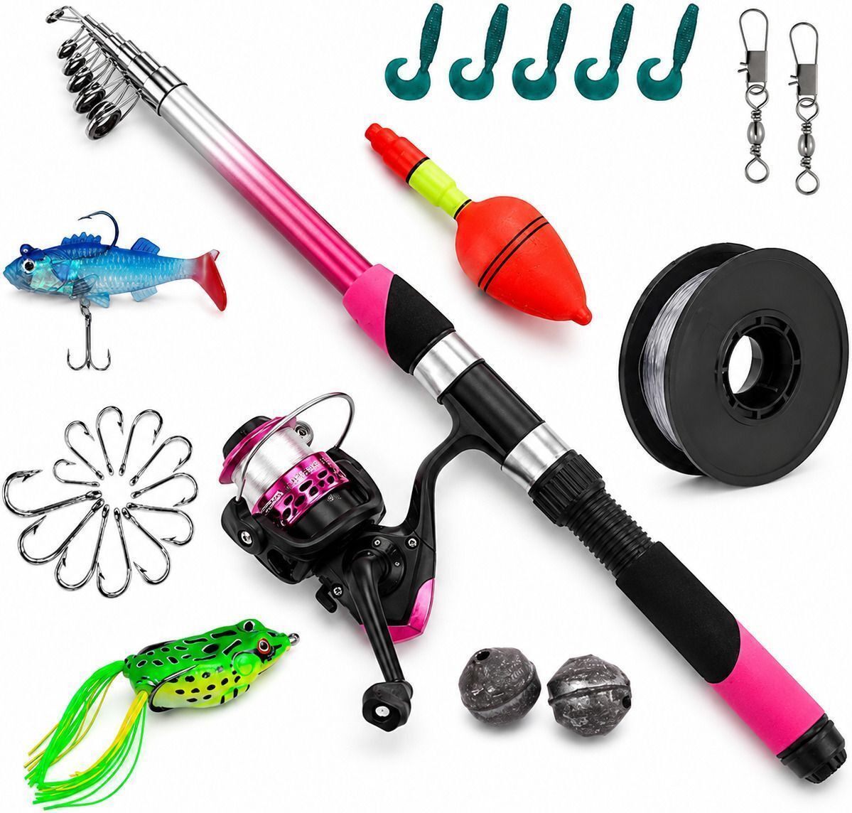 Complete Freshwater Fishing Combo Kit (Pink & Black) 210 CM Telescopic Fishing Rod Set with Spinning Reel, Frog Lure & Accessories Multicolor Fishing Rod-image-44