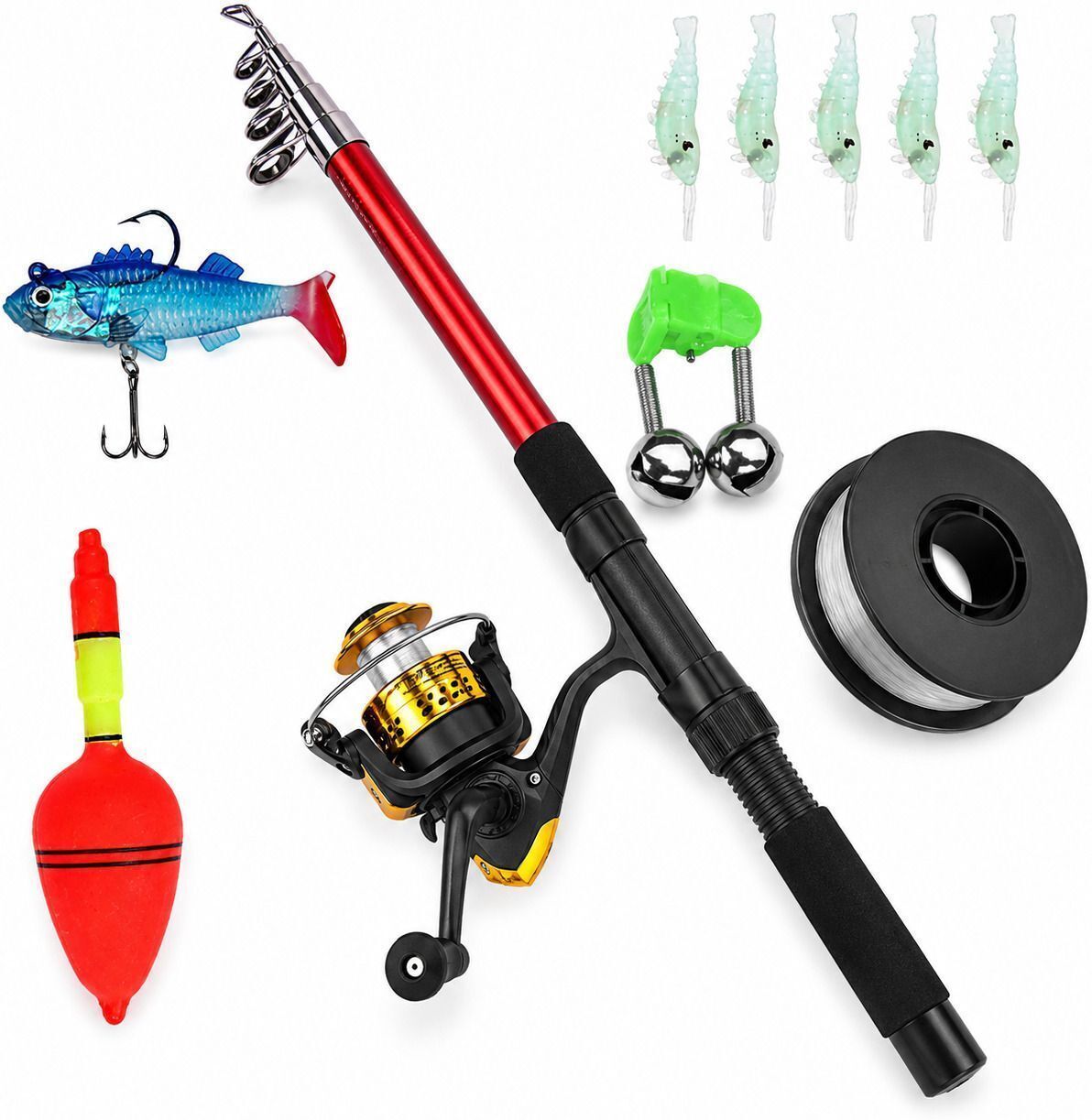 180 CM Telescopic Fishing Rod Kit Complete Fishing Set with Shrimp Lures, Fish Lure, Float, Fishing Line & Rod Bell | Portable Multicolor Fishing Rod-image-30
