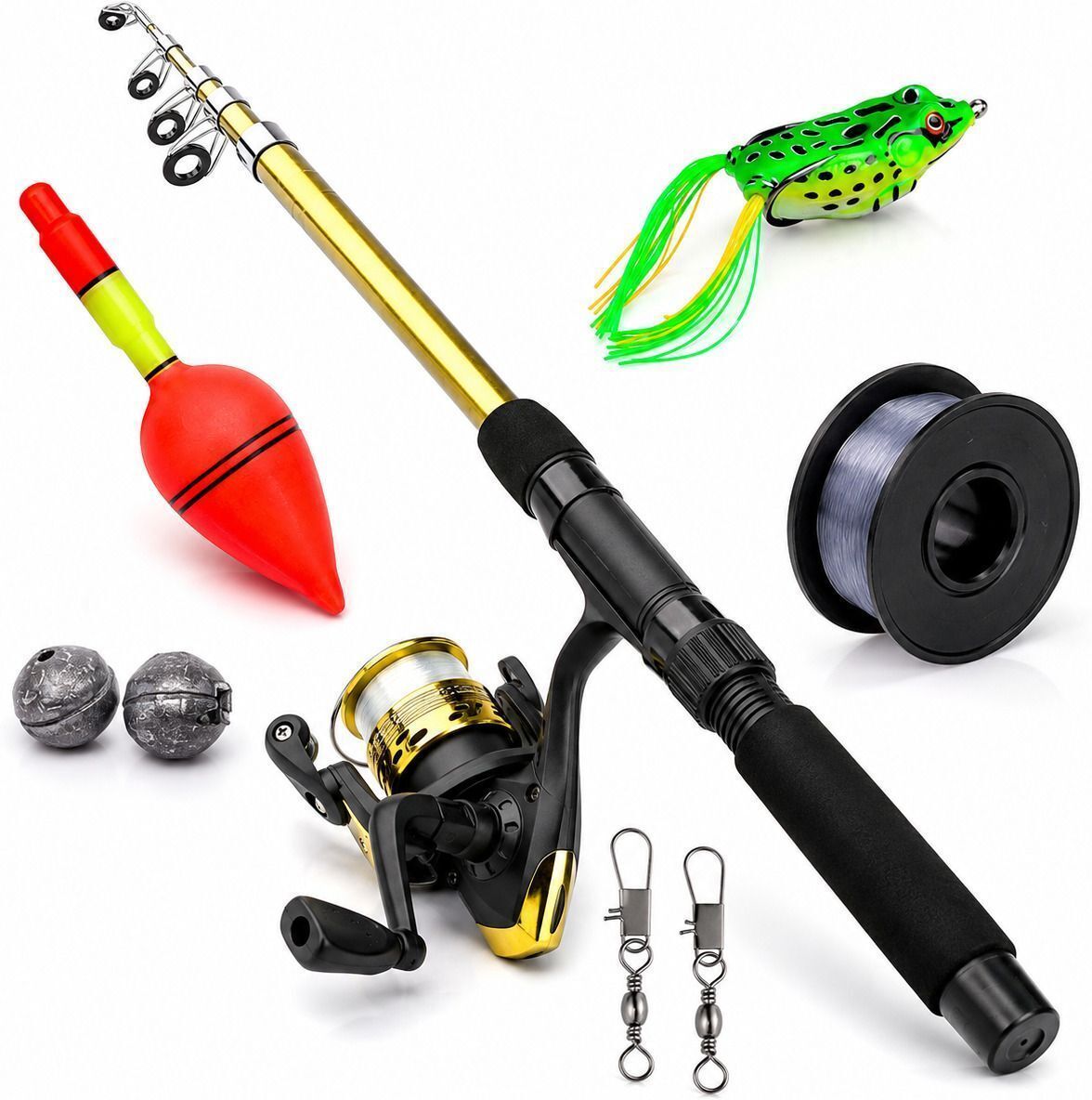 6 Ft (180cm) Telescopic Fishing Combo Kit with Spinning Reel, Fishing Line, Frog Lure, Float Bobber, Sinkers & Swivels Black, Gold Fishing Rod-image-44