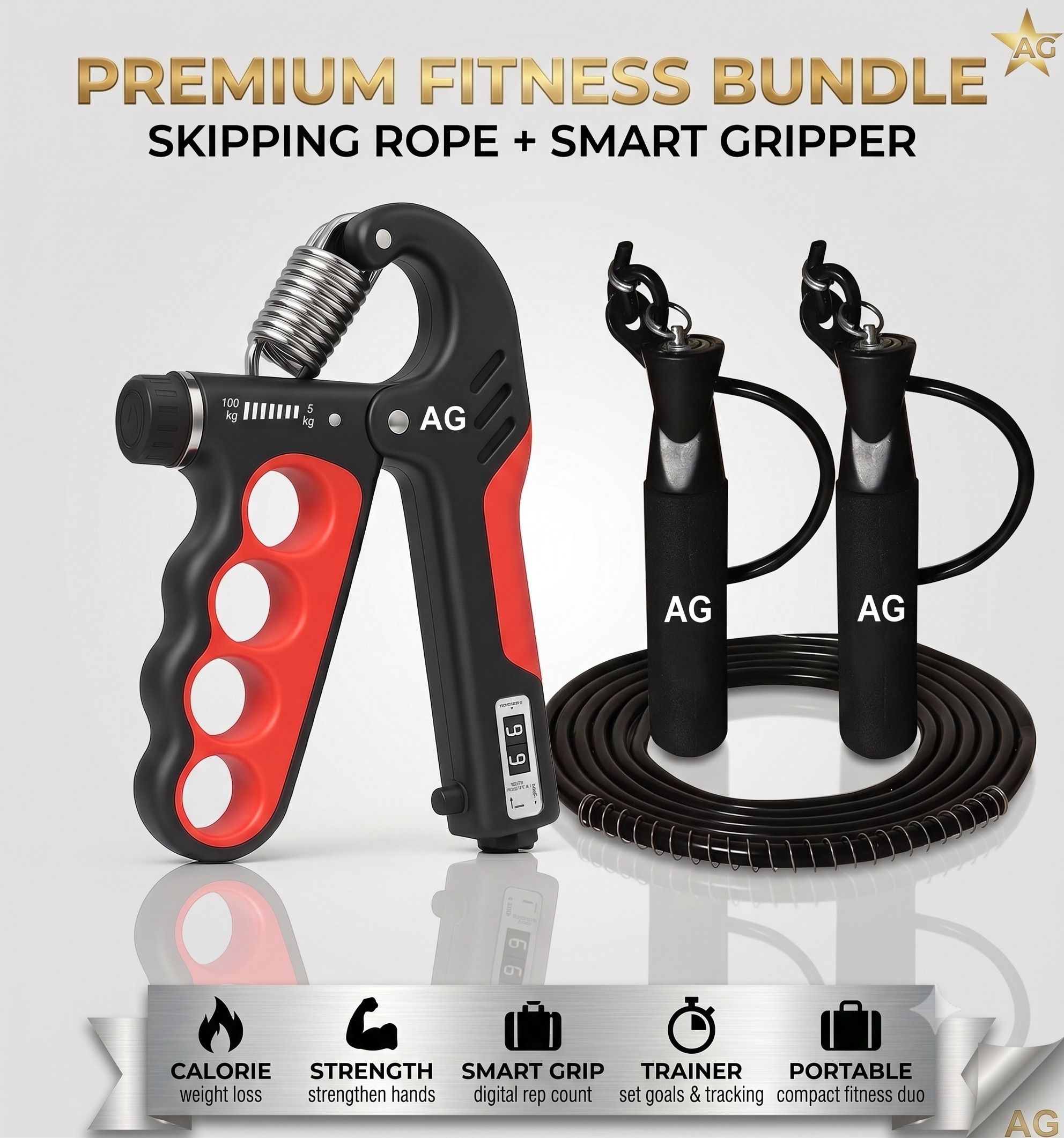 Smart Hand Gripper With Rep Counter And Speed Skipping Rope Combo Set Hand Grip/Fitness Grip-image-39