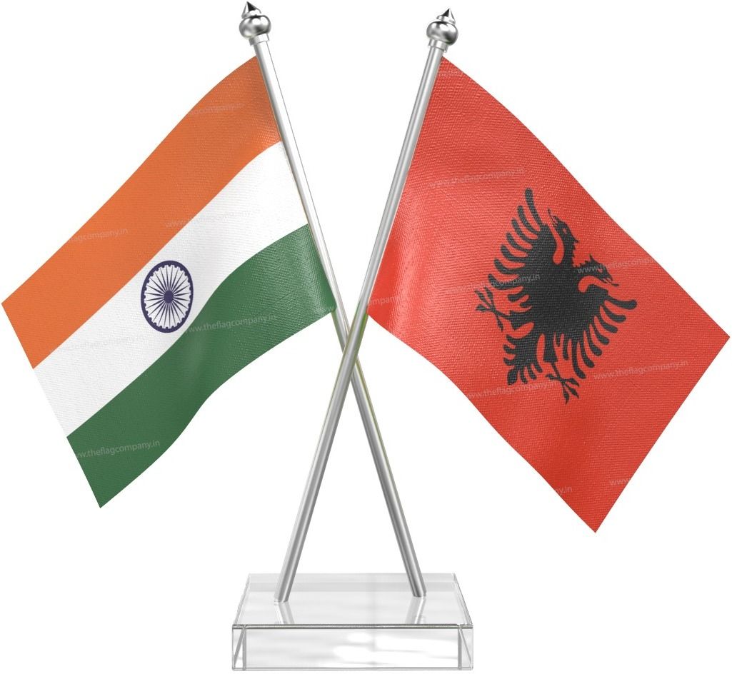 Albania and India Cross Desk Flag Stainless Steel pole and transparent acrylic Rectangle Table Miniature Flag-image-3