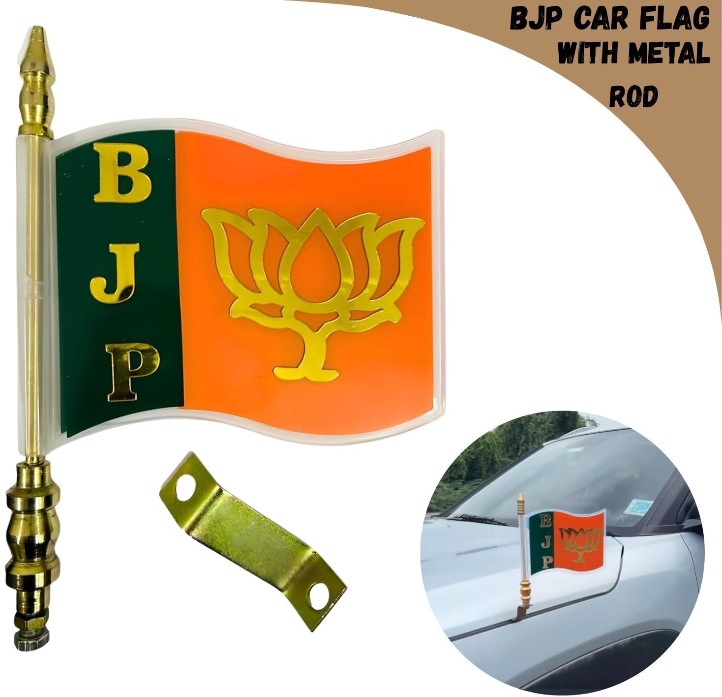 BJP Car Flag Premium Metal Rod with Clamps Rectangle Car Window Flag-image-12