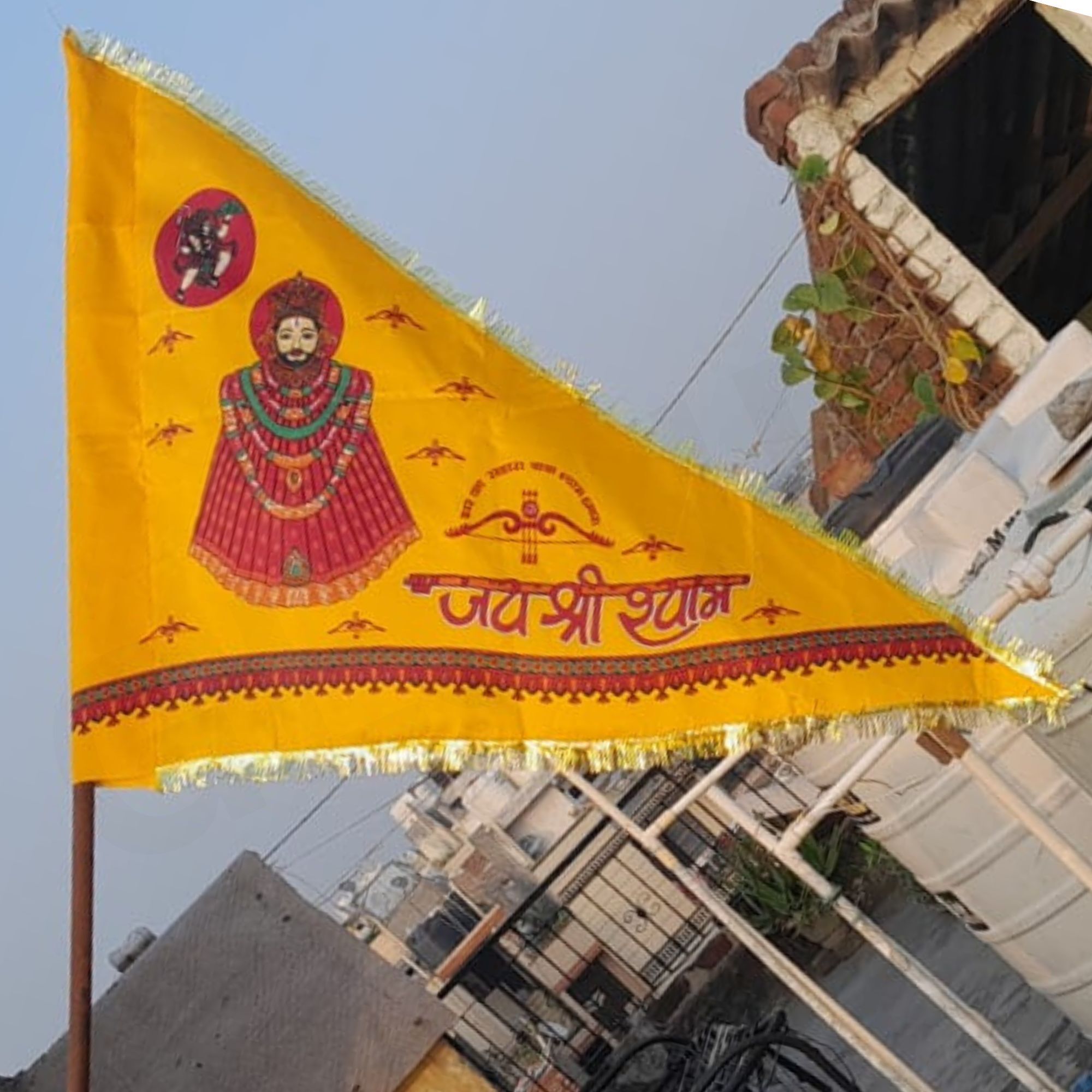 Khatu Shyam Ji Flag Nisan | Triangle Hand Khatu Shyam Jhande Full Big Size Triangle Outdoor Flag-image-18