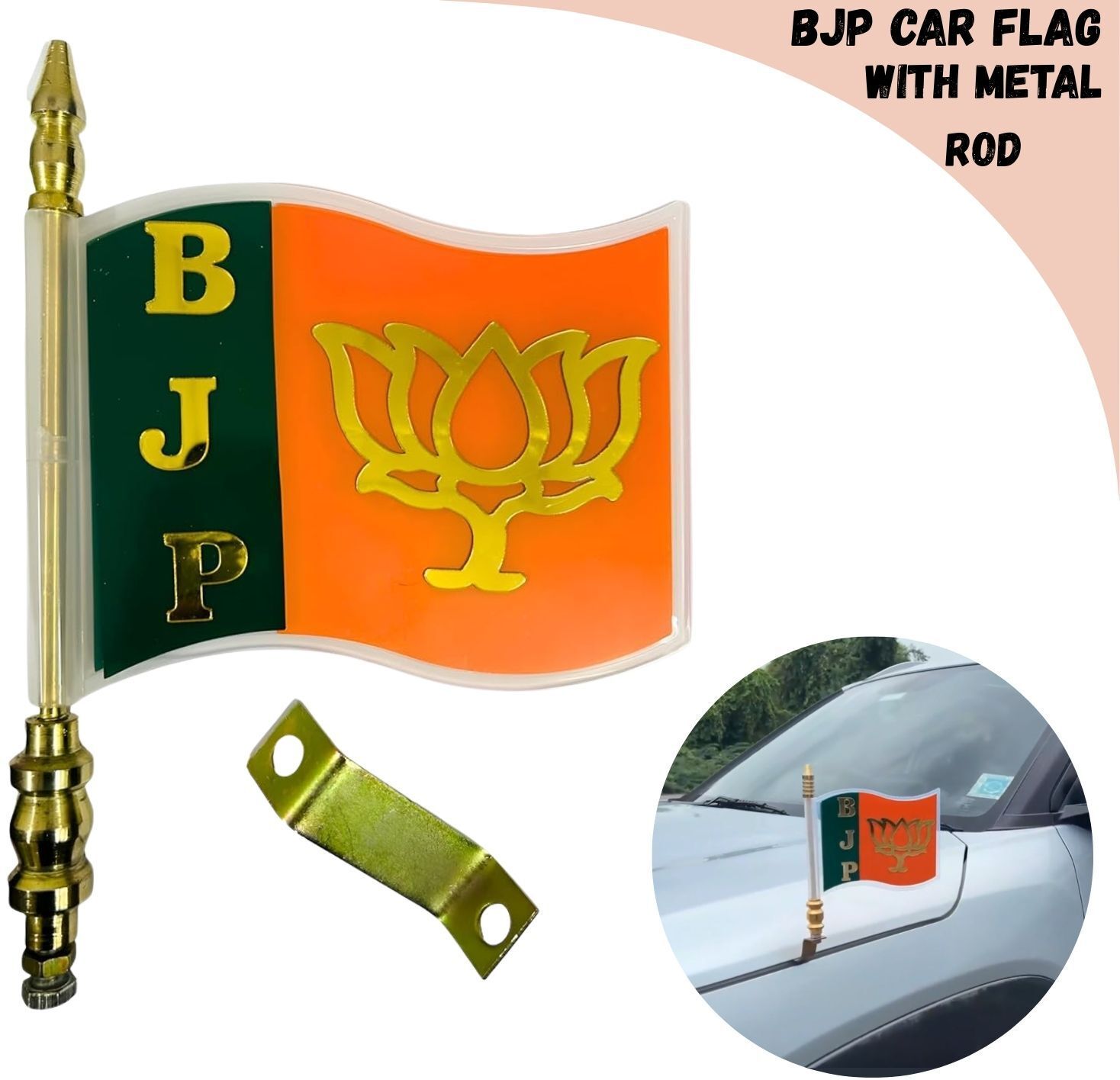 BJP Car Flag Premium Metal Rod with Clamps Rectangle Car Window Flag-image-15