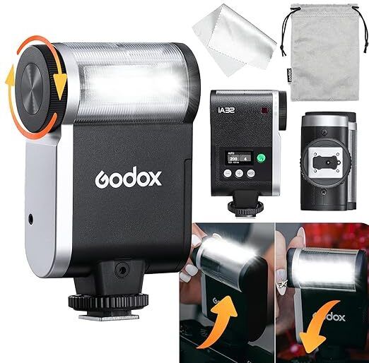GODOX iA32 Mini Camera Flash - Adjustable, GN15 with 8 Levels 1/128-1/1, Universal Flash