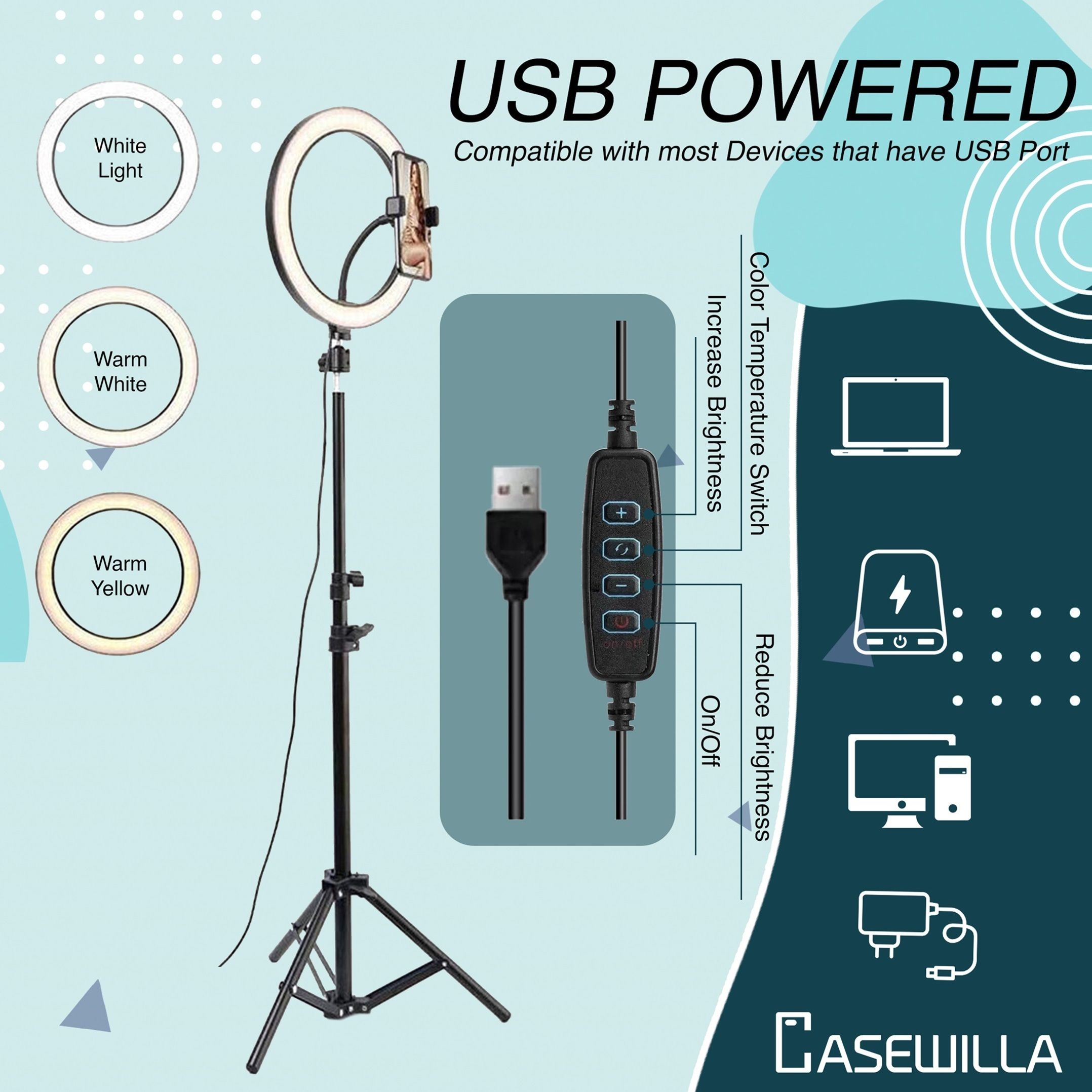 Casewilla 10 inch LED Selfie Ring Light with Tripod Stand 7 Ft | 3 mode Ring Flash-image-19