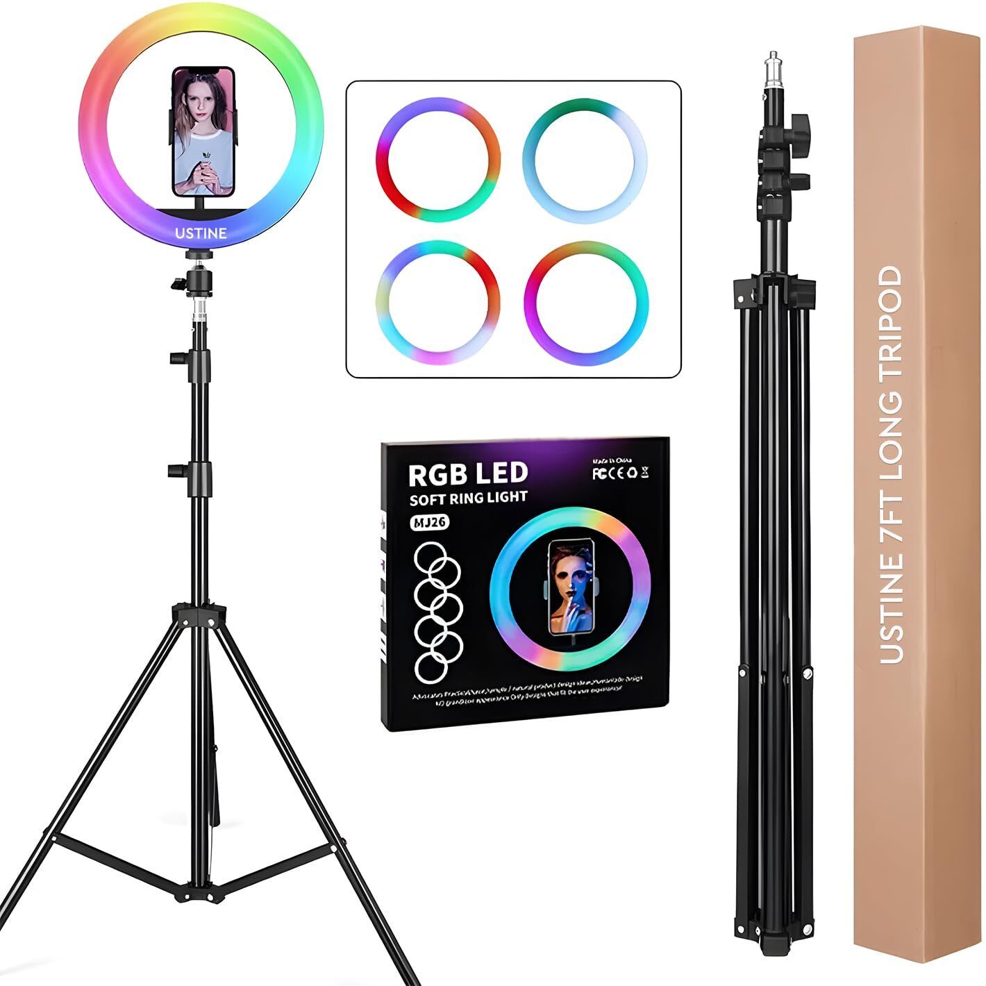 JPY Combo RGB LED Ring Flash Light with Adjustable 7 Feet Long Tripod, 16-Colors RGB Ring Flash